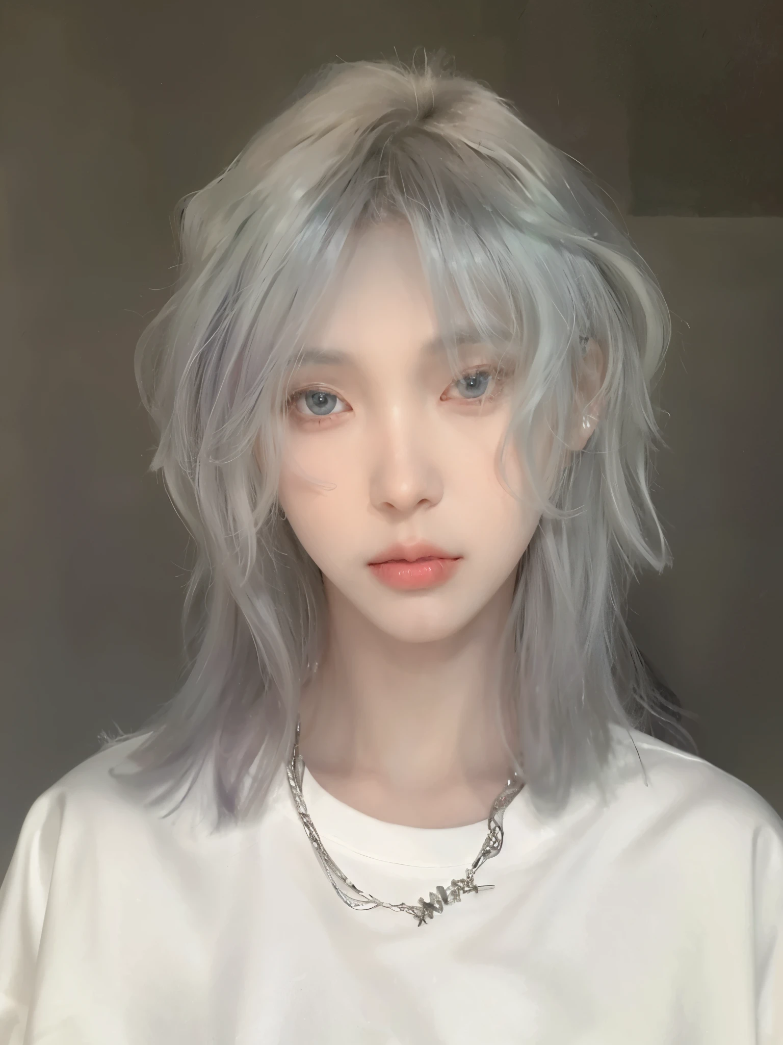 Arafad woman wearing white shirt and necklace, inspired by Yanjun Cheng, Pale hair, Silver-haired girl, Baiji haircut hairstyle, with long white hair, silver, short hair, pale porcelain skin, Silver-haired girl, Pale young ghost girl, Flowing white-gray hair, Skin is light blue, gray hair
