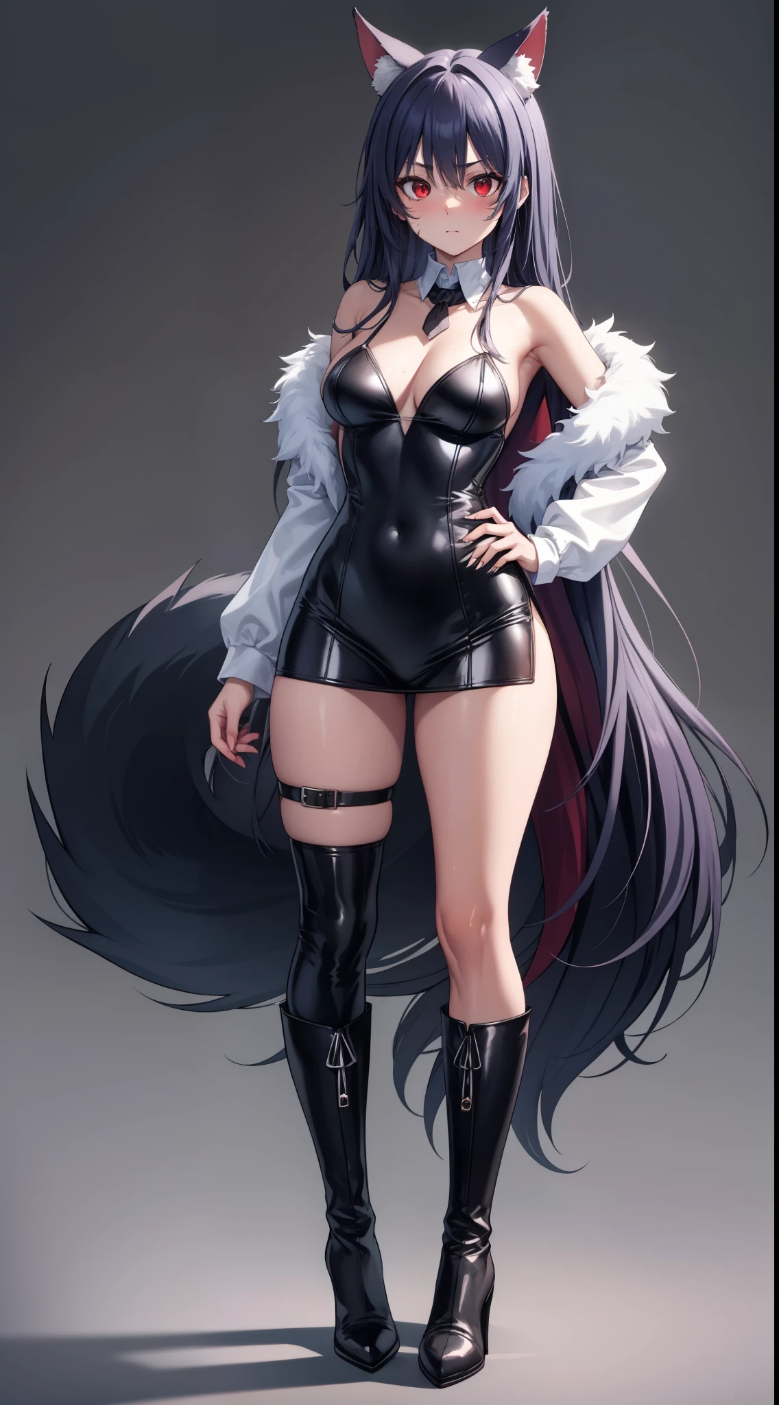 adult werewolf, big ears, fluffy tail, long legs, red eyes, scar on cheek, tight clothing, high boots and high socks, 8k, hd, masterpiece, full body, full white background