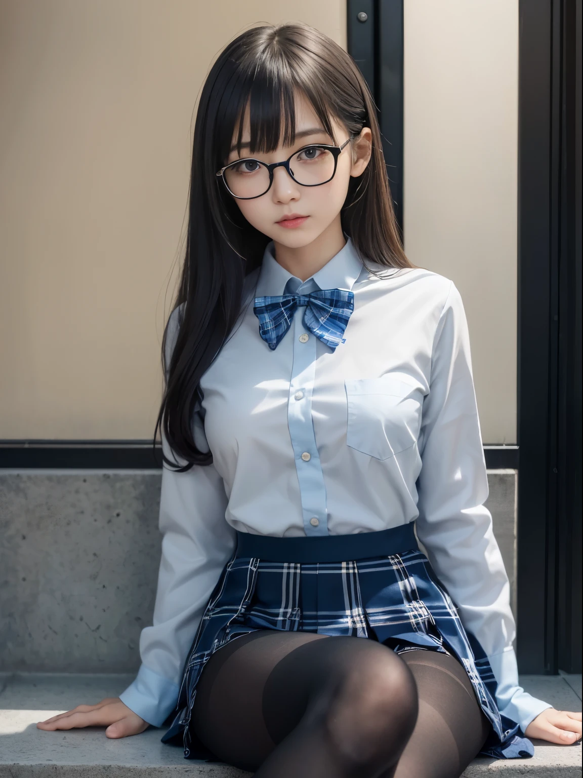 (I can see my underwear)、((細いeye))、((細いeye))、((細いeye))、(8K、生photographgraphy、highest quality、masterpiece:1.2),、small、(flat chest)、(flat chest)、(flat chest)、(flat chest)、(flat chest)、(Are thin)、Fair skin、Whitening、dark look、skinny,sex appeal,Fair skin肌,Saucy,School,looking at the viewer,looking straight ahead,high-pitched clothes,erotic,students,white skin,knees,(((black pantyhose)),((black pantyhose))),disorganized,(small face),(small face),I can see the forehead,Bangs hanging from the left and right sides of the forehead,(cold look,eyeがきつめ,glare,bullish,anger)、masterpiece,highest quality、ultra high resolution,生photograph,beautiful,beautiful,There is only one person, solo,Glasses,,dark look,small breasts same,full body,(まるGlasses),JK uniform,high school girl,japanese woman, (photorealistic:1.37)、photon mapping,Reality、beautiful woman,cute baby face,ブラウンeye、black socks、(red bow tie)、radio city、Physically based rendering、depth of field rally background、photograph,body,beautiful feet, long legs, thin legs,(I can see my bangs), Hairy pubic area, lips, blue_eye, nose soft,(light blue dress shirt), (Navy, blue and white plaid pleated skirt), kneesが見える,transparent clothing,, Peaches, black cotton socks,Nogizaka Idol, , japanese idol