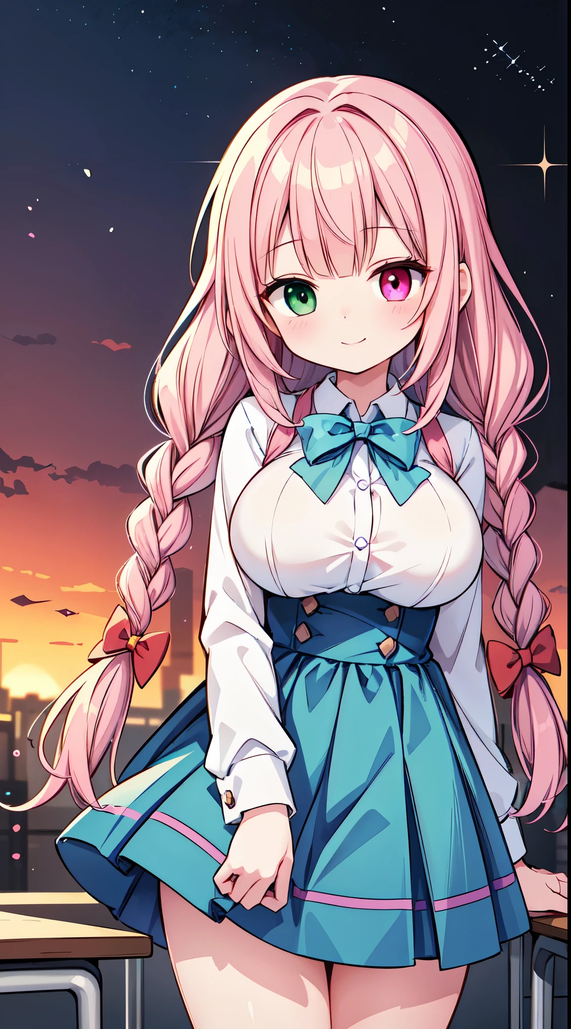(super fine illustration:1.2),(masterpiece, 8k), (best quality, high quality:1.4), perfect anatomy, hyper detailed, ultra detailed,masterpiece background,beautiful detailed background, v8k wallpaper,perfect design,award-winning art,atmospheric,
BREAK, one beautiful girl, (17 year old girl),alone,(kawaii:1.5),(Chibi:0.6),(cute:1.5),(:1.5),break,(17 year old girl), one beautiful girl,very detailed,Colorful,best details,transparent skin,Shining beautiful skin,shy,very detailed,Colorful,best details,BREAK,transparent skin,Shining beautiful skin,shy skin,break,(heterochromia,blue eyes,green eyes, eye highlights,first ultrafine star:1.45),star eye silhouette ,BREAK,(pink hair, semi-long hair, bow:1.4),(twin braids,slightly curly hair,princess cut, crossed bangs:1.3),(big breasts,beautiful breasts:1.5),(long eyelashes, double eyelid:1.2),alone,glowing skin, transparent skin, Shining beautiful skin,(highest quality face),(highest quality bright eyes),(light smile:1.45),
BREAK, school uniform, blazer style,
classroom, sunset sky, back lighting,
late, mid,
BREAK,wakame,wakame,wakame,(cowboy shot,from front :1.5) ,
BREAK,(Blurry background:1.3),(absurderes, hight resolution, Super Detail Art),cel shading,Clear Color, Lonely optical effect, Beautiful pictures, Bright glow, mystic atmosphere,(Close-up of girl:0.7), Mystical light particle effect,manga influence, clean line drawings,