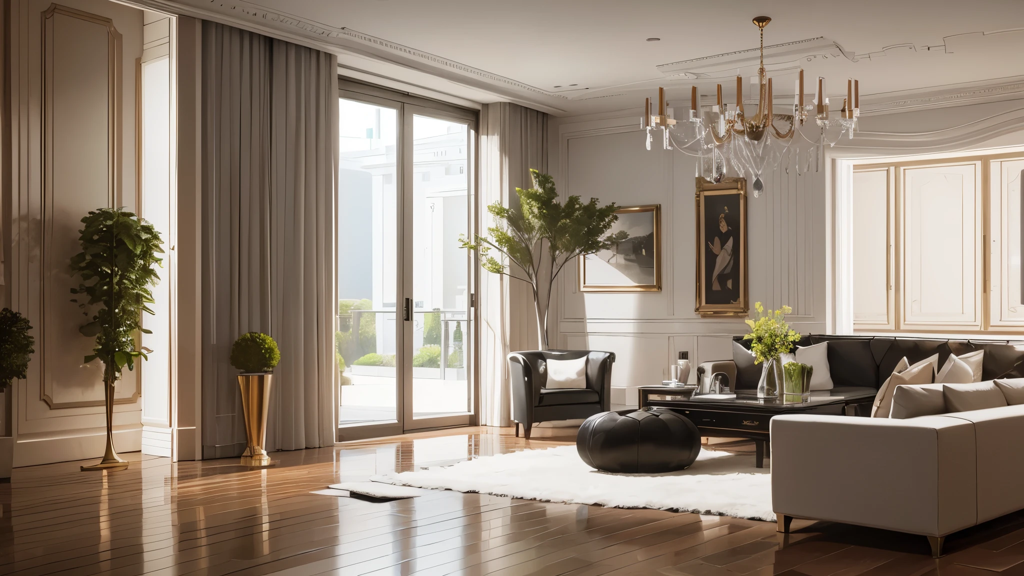 You are a famous interior designer、You have been asked to create a 3D image of a modern large room. Create a harmonious environment with modern and minimalist furniture. Including garden interior.