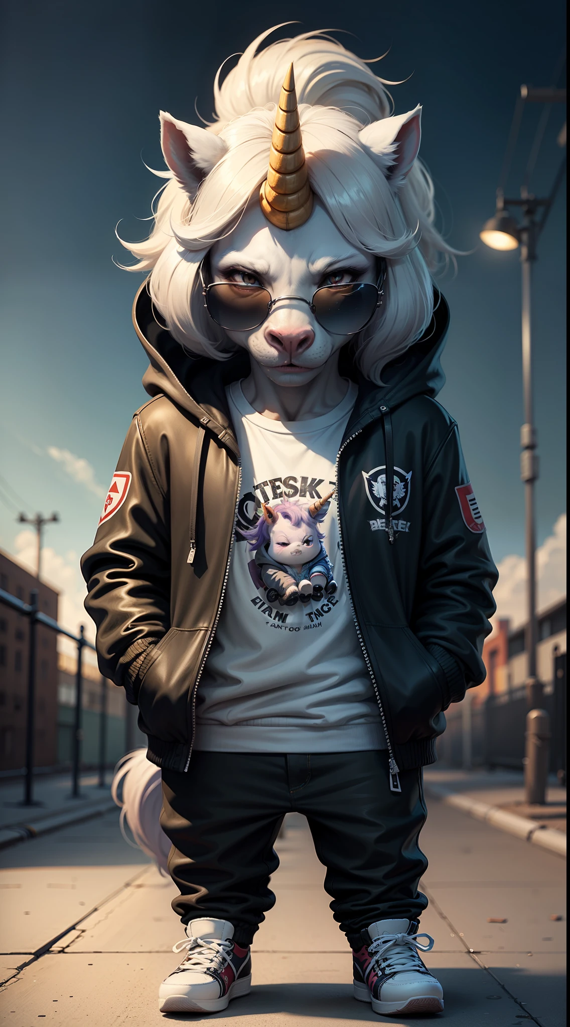 C4tt4stic, Cartoon Unicorn Horse in jacket Black and skateboard, Sunglasses,