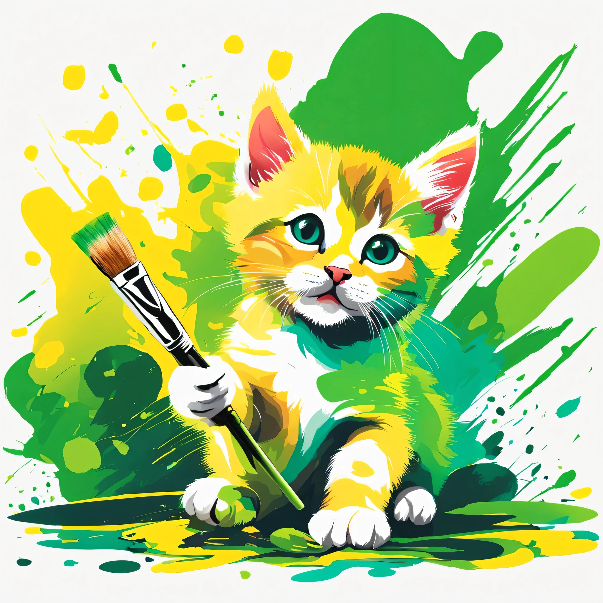 Playful kitten playing with a paintbrush, Colorful paint splatters around, in shades of green and yellow, in an elegant style, illuminated by neon lights,