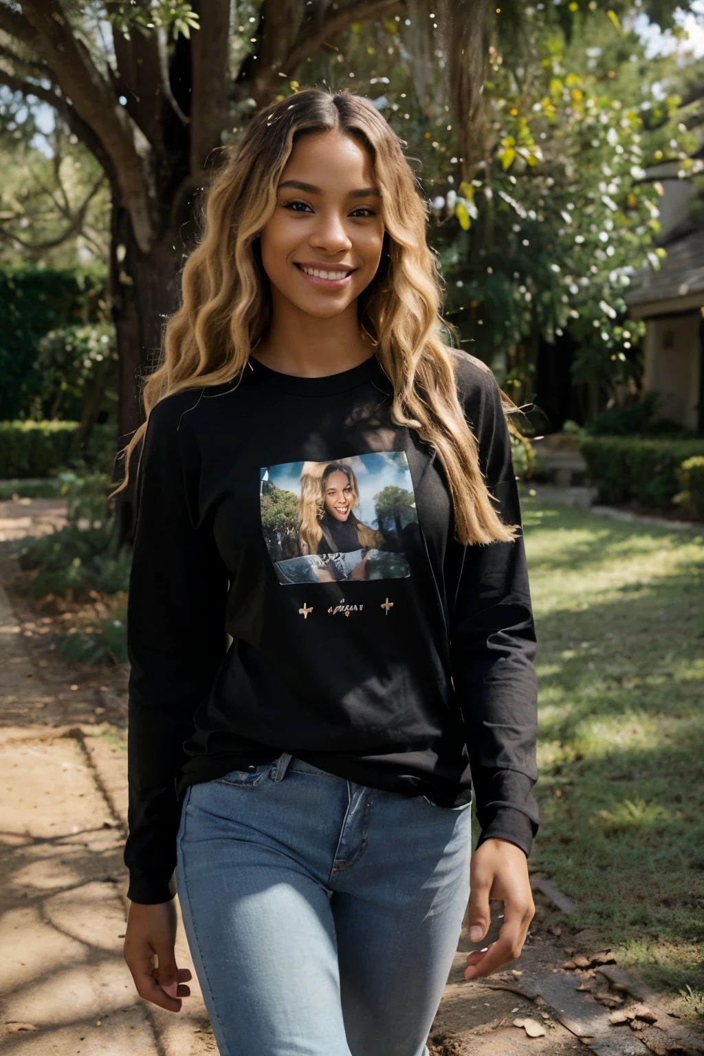 ((perfect photograph)), ((realistic)), ((8k)), (perfect face), gorgeous light skin african american with blonde hair, wearing a straight long black long sleeve t-shirt and jeans, walking towards camera, outdoors, lots of light, some plants, long wavy hair, smiling, big tree far in the background