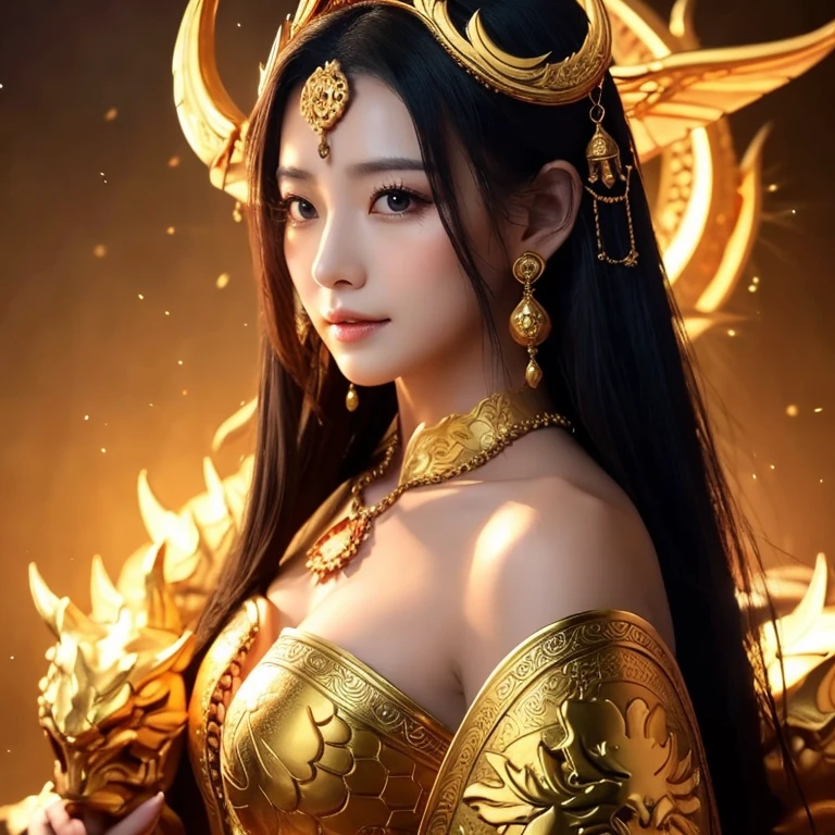 This (realistic fantasy) art contains embers, real flames, real heat, and realistic fire. Generate a masterpiece artwork of a female fire druid with large (((orange and gold))) eyes. The fire druid is awe-inspiring with beautiful ((realistic fiery eyes)) alight with confidence and power. Her features are elegant and well defined, with ((soft and puffy lips)), elven bone structure, and realistic shading. Her eyes are important and should be the focal point of this artwork, with ((extremely realistic details, macro details, and shimmer.)) She is wearing a billowing and glittering dress made of realistic flames and jewels that glimmer in the fire light. Wisps of fire and smoke line the intricate bodice of the dress. Include bumps, stones, fiery iridescence, glowing embers, silk and satin and leather, an interesting background, and heavy fantasy elements. Camera: Utilize dynamic composition techniques to enhance the realistic flames, blonde long hair