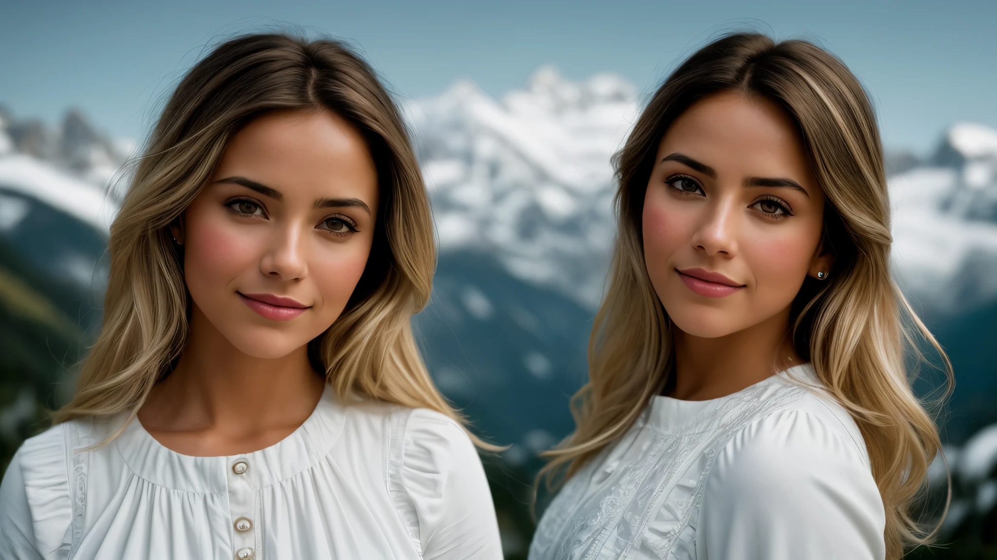 high angle of a Latina woman, with light blonde hair, The background is the Swiss Alps, a little village in Switzerland, smile a little, natural skin texture, 24mm, 4k textures, soft cinematic light, RAW photo, photorealism, photorealistic, intricate, elegant, highly detailed, sharp focus, ((((((cinematic look)))), soft tones, insane details, intricate details, hyperdetailed, low contrast, soft cinematic light, exposure mix, hdr,