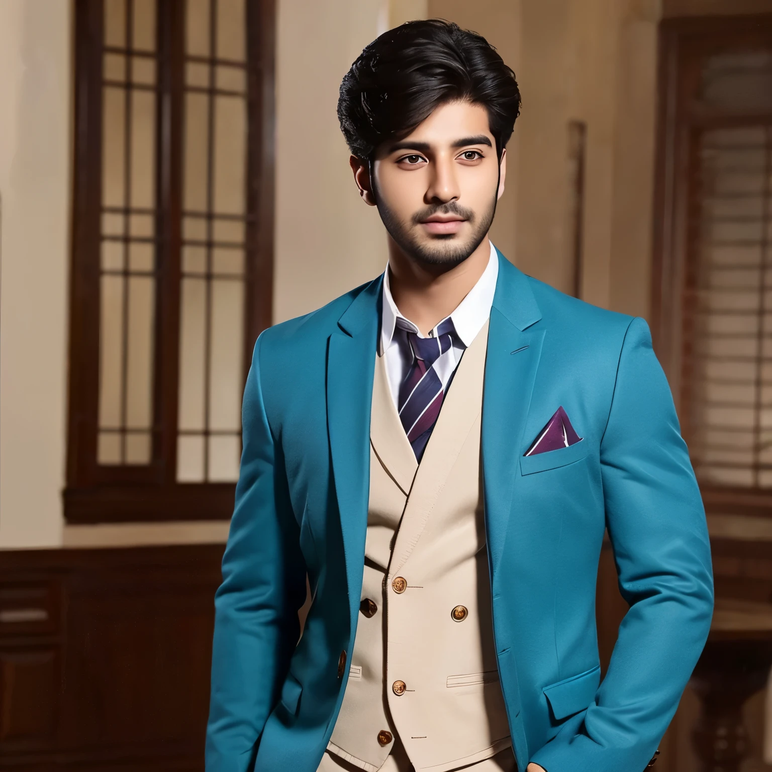 create handsome man his name "Aarav Khanna" age 22 looking near to camera wearing proffesional cloth