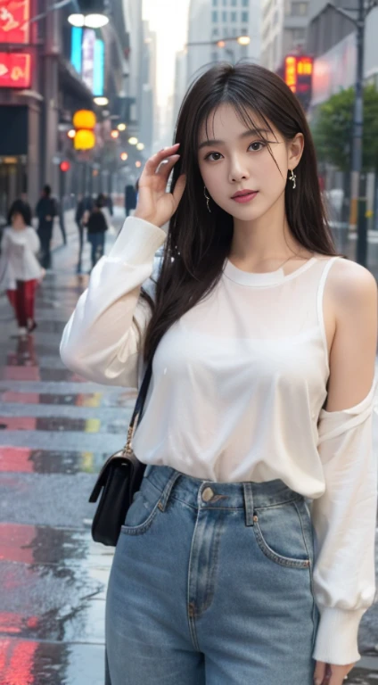 ((best quality, master piece:1.3)), concentrated:1.2, Middle-aged beauty:1.4, Plump Body 1.2, (wet clothes:1.1), (rain, street:1.3), yellow short knit, denim pants:1.1, Highly detailed face and skin texture, detailed eye, double eyelid, whiten skin, fine black eyes, innocent eyes, blush, professional lighting, portrait, photon mapping, radio city, Physically based rendering, 活気のあるstreet, sob, 8K