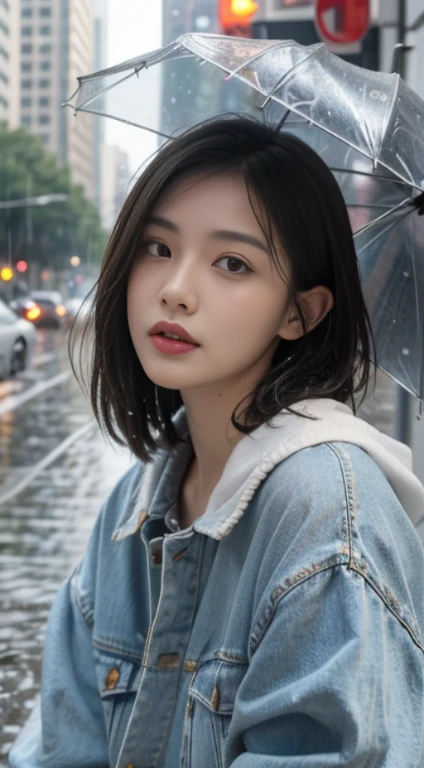 ((best quality, master piece:1.3)), concentrated:1.2, Middle-aged beauty:1.4, Plump Body 1.2, (wet clothes:1.1), (rain, street:1.3), yellow short knit, denim pants:1.1, Highly detailed face and skin texture, detailed eye, double eyelid, whiten skin, fine black eyes, innocent eyes, blush, professional lighting, portrait, photon mapping, radio city, Physically based rendering, 活気のあるstreet, sob, 8K