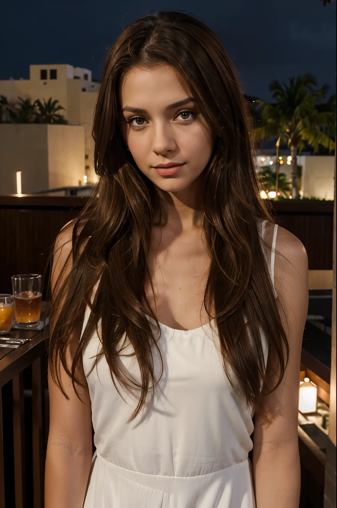 (romanian girl) (skinny) (realistic) (dirty brown hair) (photo realism) (beautiful) (instagram picture) (nighttime) (fort lauderdale) (luxury modern fort lauderdale rooftop bar) (white dress)