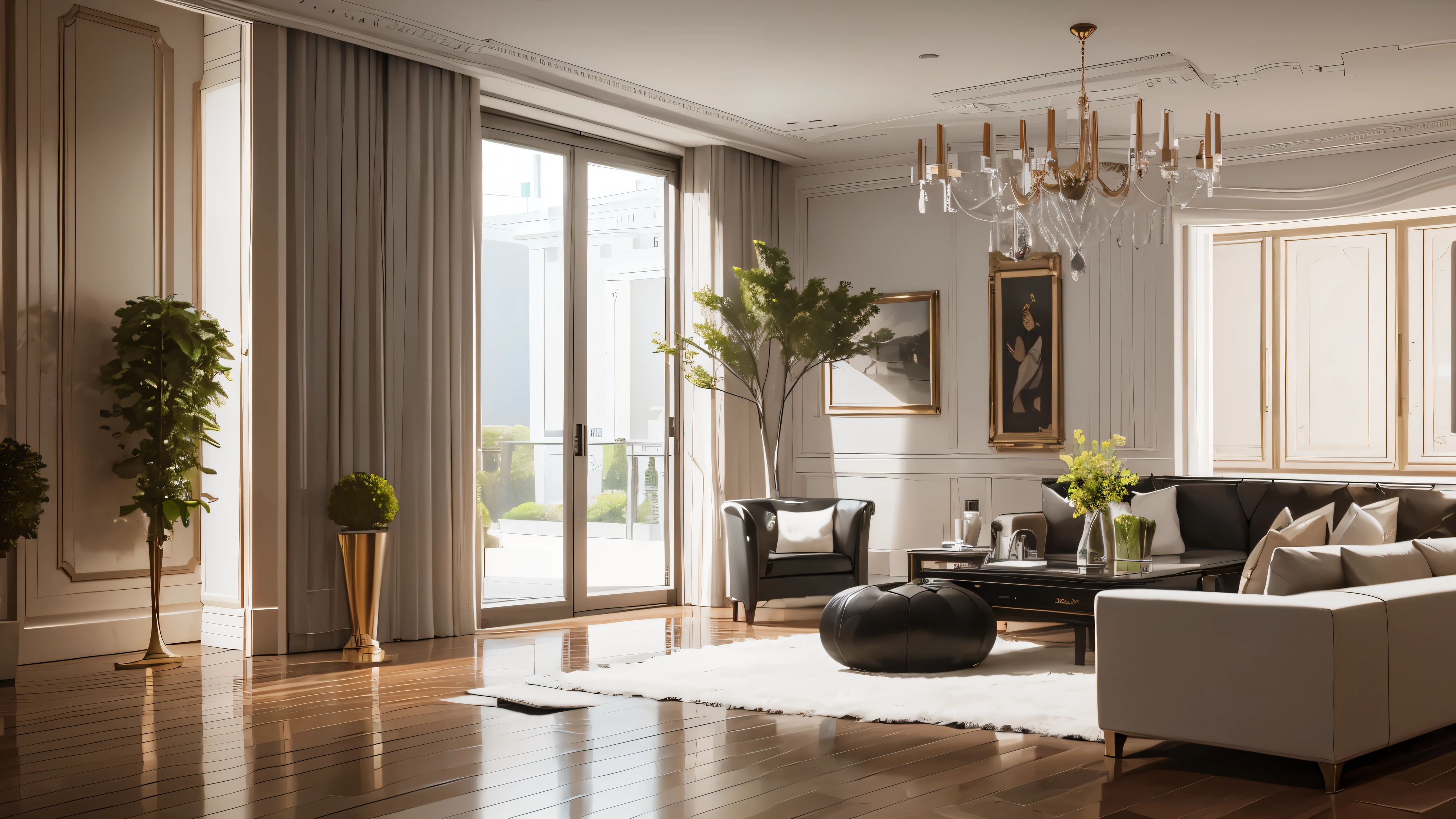 You are a famous interior designer、You have been asked to create a 3D image of a modern large room. Create a harmonious environment with modern and minimalist furniture. Including garden interior.