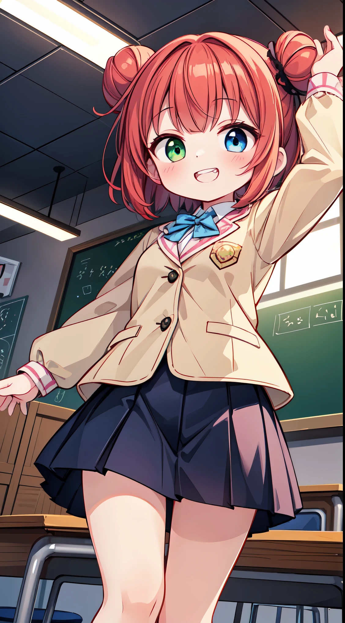 (super fine illustration:1.2),(masterpiece, 8k), (best quality, high quality:1.4), perfect anatomy, hyper detailed, ultra detailed,masterpiece background,beautiful detailed background, v8k wallpaper,perfect design,award-winning art,atmospheric,,
BREAK, BREAK, 1 beautiful girl, (kawaii:1.5), (Chibi: 0.8), (kawaii: 1.5), (: 0.5), (7 years old girl), BREAK(Red hair, short-hair,Two buns hair:1.4),(:D,grin:1.3),( Heterochromia,The blue eyes,The green eyes, Eye Highlights,The first hyperfine stars:1.45), star the eye silhouette thick eyelashes, naked double eyelids:1.2),(de pele branca), (The best smile,:D:1.45),
BREAK, school uniform, blazer style,
classroom, sunset sky, back lighting,
late, mid,
BREAK,wakame,wakame,wakame,(looking up,from below:1.5)
BREAK,(Blurry background:1.3),(absurderes, hight resolution, Super Detail Art),cel shading,Clear Color, Lonely optical effect, Beautiful pictures, Bright glow, mystic atmosphere,(Close-up of girl:0.7), Mystical light particle effect,manga influence, clean line drawings,