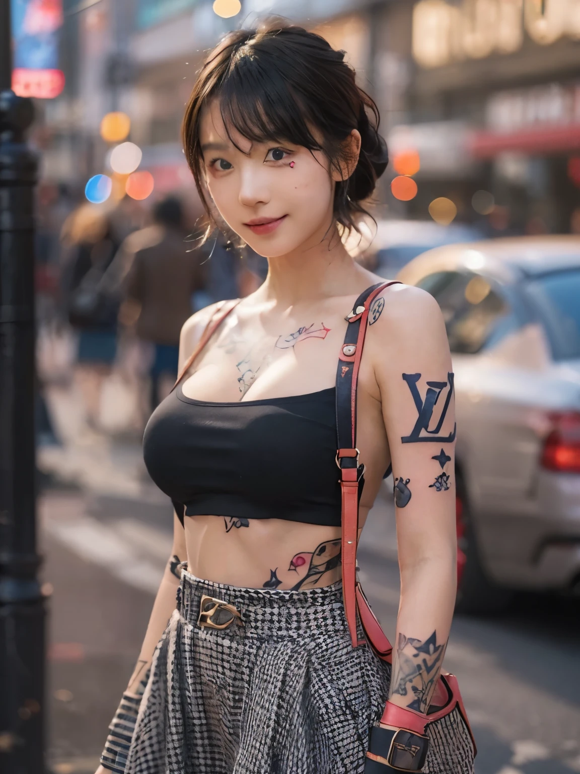 2girls, (((facial tattoo))),(((full body tattoo))), smile, cleavage, Photo realistic, High resolution, detailed background, detailed beautiful skin, detailed nose, soft lighting, (solo shot:1.23), (upper body:1.1), closed shot, (breast focused:1.3), looking at viewer, (((nice hand, perfect hand))), clear eyes,// japanese lady,cleavage, pale skin, mega breasts, 20 year old, // (((wearing tube top louis vuitton))), black short hair, street snap, ((facing viewer)), at the street tokyo, ((standing)),