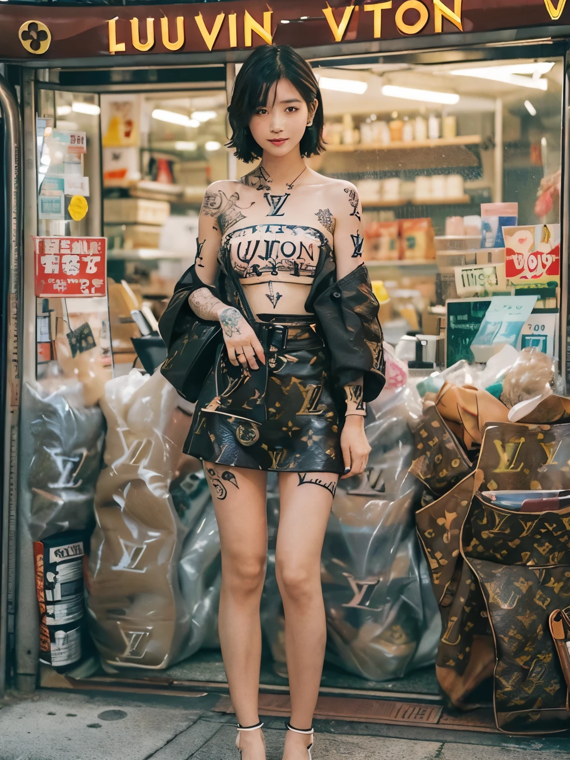 2girls, (((facial tattoo))),(((full body tattoo))), smile, cleavage, Photo realistic, High resolution, detailed background, detailed beautiful skin, detailed nose, soft lighting, (solo shot:1.23), (upper body:1.1), closed shot, (breast focused:1.3), looking at viewer, (((nice hand, perfect hand))), clear eyes,// japanese lady,cleavage, pale skin, mega breasts, 20 year old, // (((wearing tube top louis vuitton))), black short hair, street snap, ((facing viewer)), at the street tokyo, ((standing)),