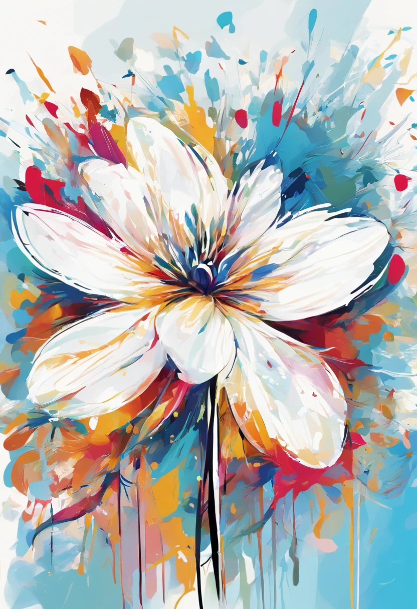 Draw an abstract painting of a single flower.,white clematis flowers、use acrylic paint、Abstract artist known for his unique use of acrylic pouring, real brush strokes，aesthetic composition，Minimal style, Dynamic and popping strokes、Shape that suggests discovery、White clematis symbolizes purity and mystery.、Expressing unexpected developments and feelings of surprise、The main color of the work is bright sky blue、Bright and colorful tones、Add moist compacted sand、Enhances the texture and tactile elements of your artwork, While staring at this image, you、Interaction of color and texture、Immerse yourself in the feeling of wonder、guided by surprise、Flowers radiate bursting energy、Feels like opening a surprise box、like a cracker、((Ink Splatter:1.3))