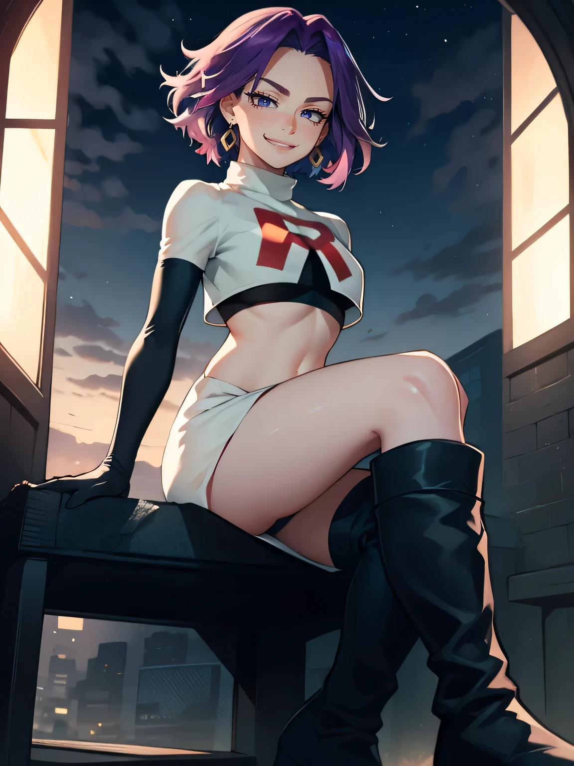 
lady nagant, boku no hero academia, purple hair ,earrings, glossy lips ,team rocket uniform, red letter R, white skirt,white crop top,black thigh-high boots, black elbow gloves, evil smile, sitting down ,legs crossed, night sky background