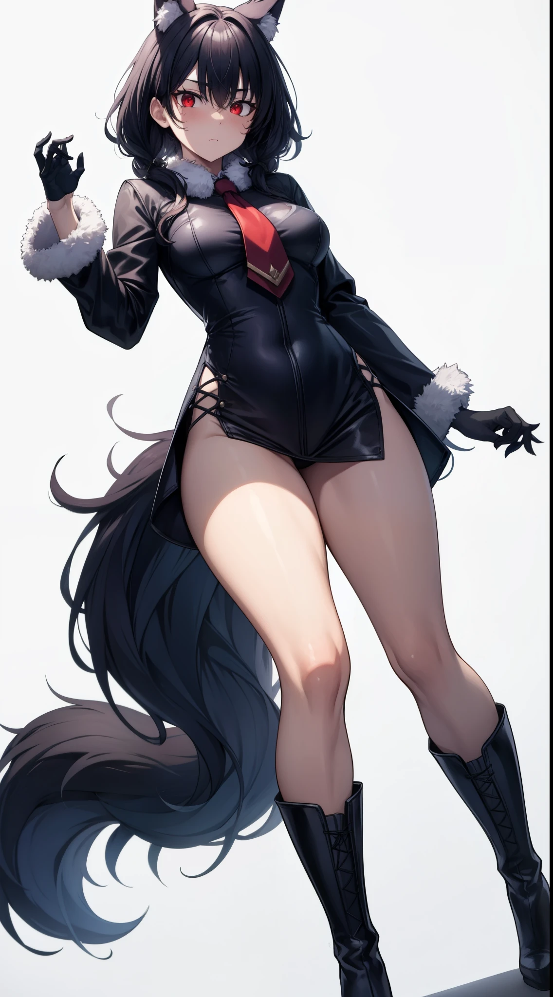 adult werewolf, big ears, fluffy tail, long legs, red eyes, scar on cheek, tight clothing, high boots and high socks, 8k, hd, masterpiece, full Dynamic pose  body, full white background