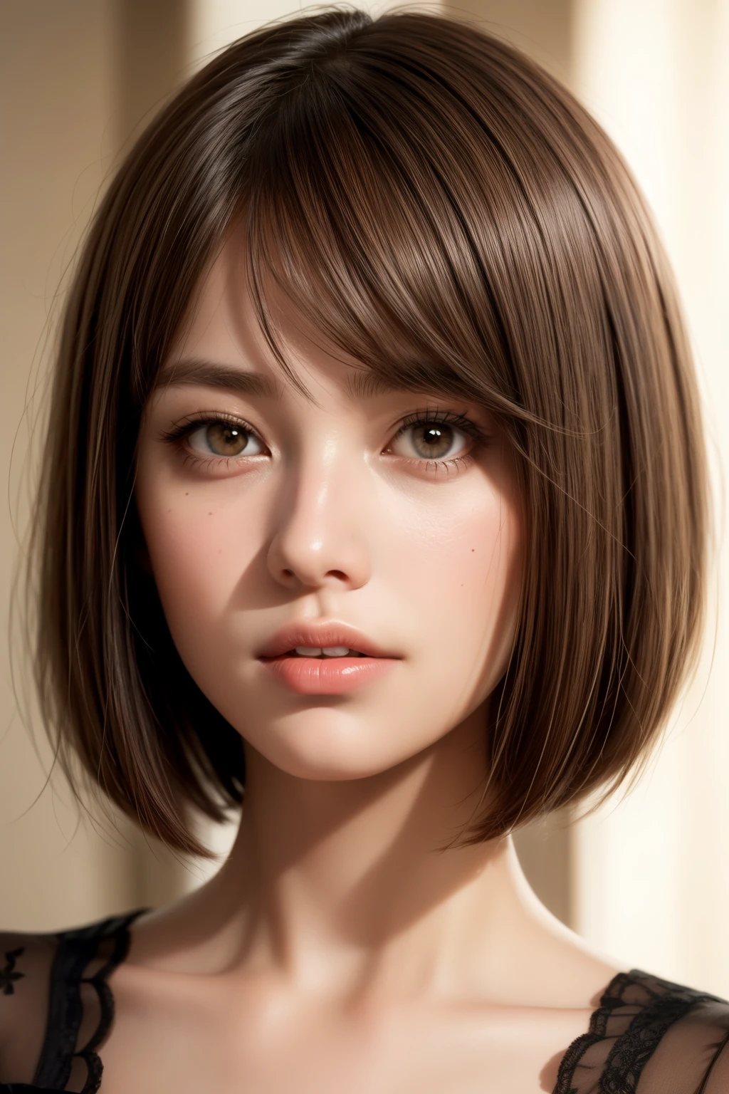 best quality, masterpiece, (realistic:1.2), 1 girl, ((face close-up)), chiaroscuro, brown bob cut hair with bangs, brown eyes,Front, detailed face, beautiful eyes