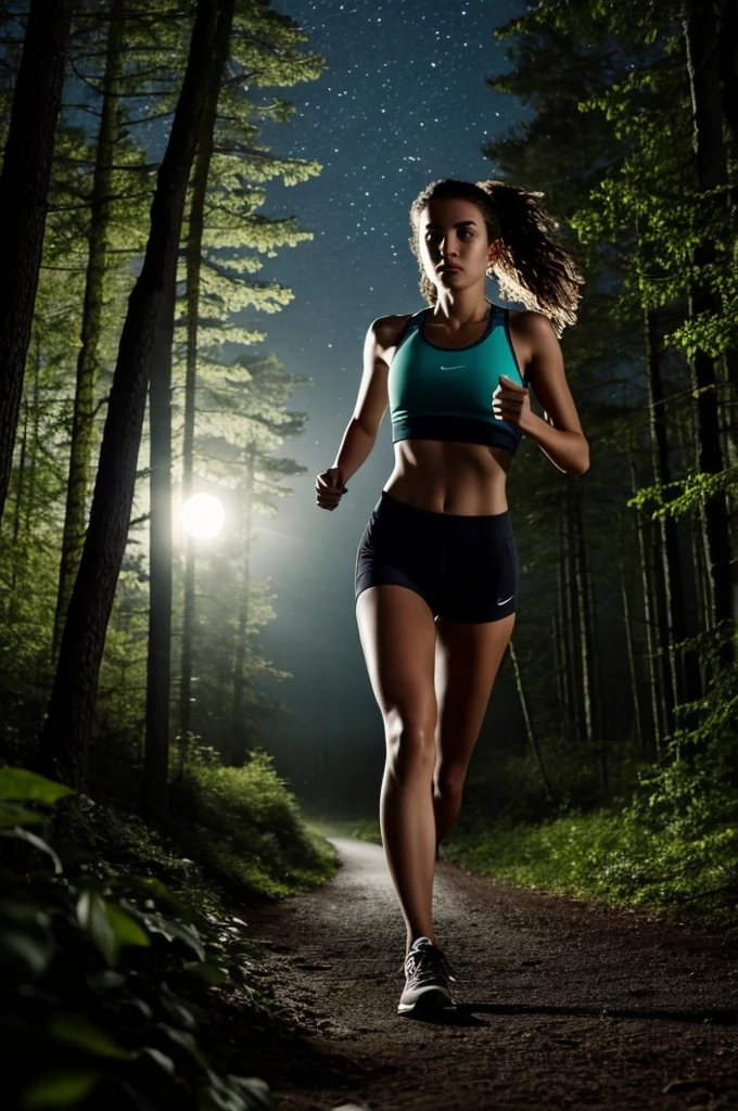 ultrarealistic photo of a beautiful young woman on a moonlit night in sneakers and lightweight running clothes clinging to her skin running through the forest at night, she is scared