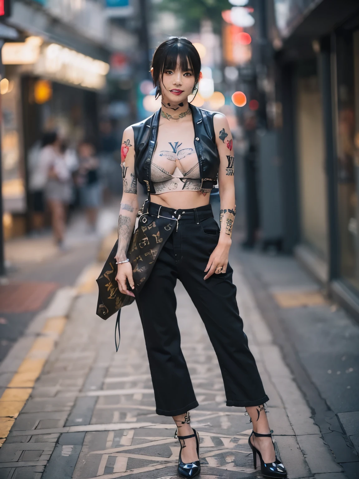 2girls, (((facial tattoo))),(((full body tattoo))), smile, cleavage, Photo realistic, High resolution, detailed background, detailed beautiful skin, detailed nose, soft lighting, (solo shot:1.23), (upper body:1.1), closed shot, (breast focused:1.3), looking at viewer, (((nice hand, perfect hand))), clear eyes,// japanese lady,cleavage, pale skin, mega breasts, 20 year old, // (((wearing tube top louis vuitton))), black short hair, street snap, ((facing viewer)), at the street tokyo, ((standing)),