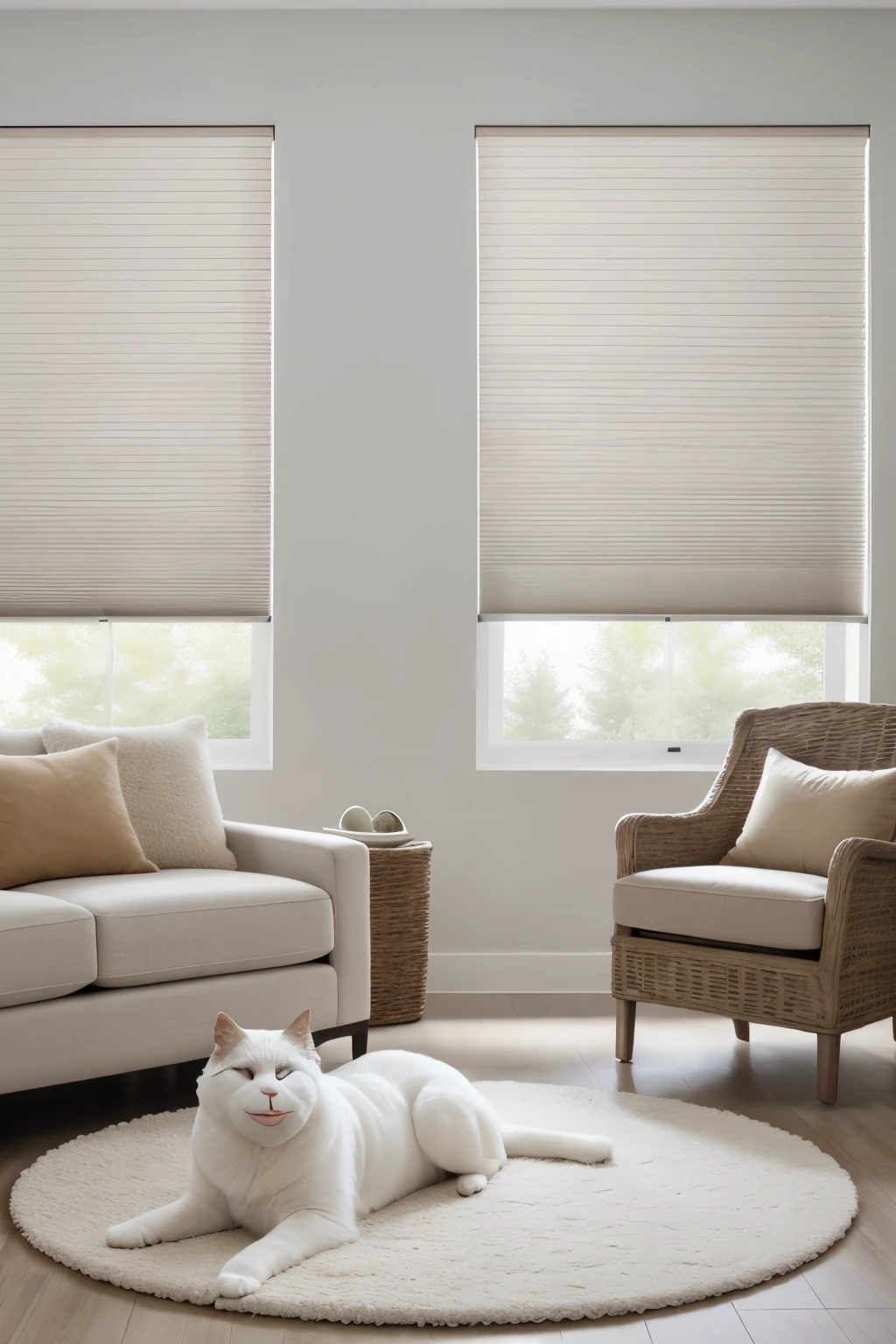 (high quality, cellular shades, white, pets playing)
A cozy living room scene featuring cats and dogs playing together in the warm, natural light filtering in from the cellular shades. The white walls and floor create a crisp and clean canvas, while the vivid colors and intricate details of the pets bring the image to life. The high-quality image captures every detail, from the textured fur on the animals to the shadows cast by their movements. The cellular shades soften the light, creating a pleasant and inviting atmosphere.