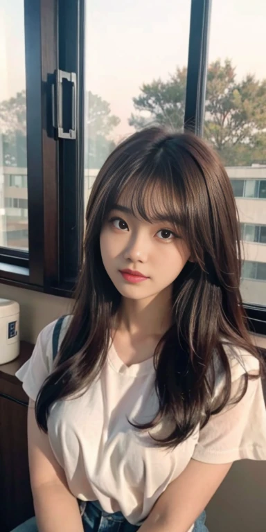 Close-up of a woman sitting on the windowsill near the window, long hair asian girl, Shirahime cut hairstyle, with long hair, korean girl, beautiful korean woman, Ulzzang, gorgeous young korean woman, Cute Girl~well-groomed face, Big eyes and flowing long hair, Ilya Kubshinov with long hair, long brown hair,by bangs