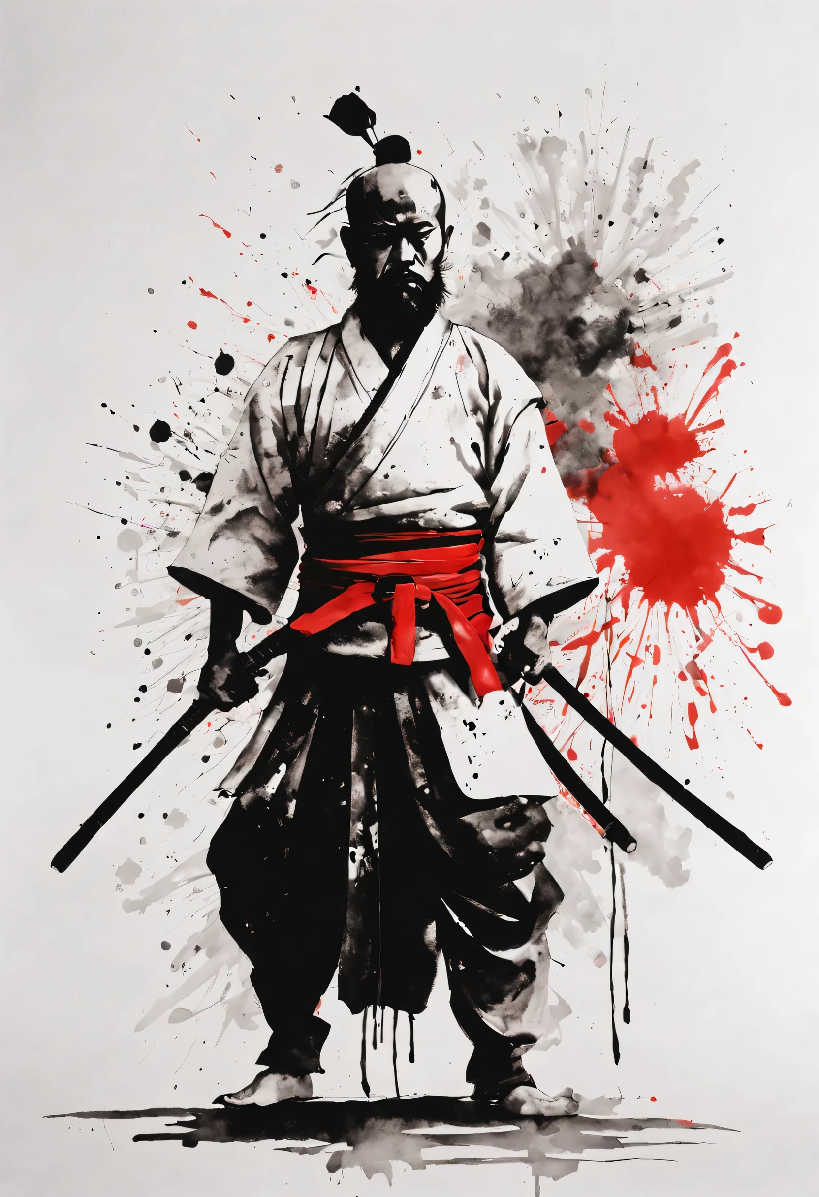 Samurai in ink on a white wall, In the style of ink painting, black and red, Gabriele Delrotte, Representation of the human body, Traditional costume, Ink splatter