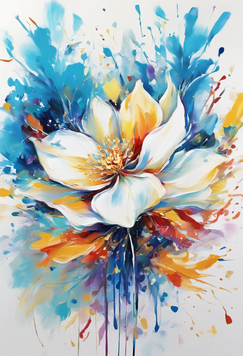 Draw an abstract painting of a single flower.,white clematis flowers、use acrylic paint、Abstract artist known for his unique use of acrylic pouring, real brush strokes，aesthetic composition，Minimal style, Dynamic and popping strokes、Shape that suggests discovery、White clematis symbolizes purity and mystery.、Expressing unexpected developments and feelings of surprise、The main color of the work is bright sky blue、Bright and colorful tones、Add moist compacted sand、Enhances the texture and tactile elements of your artwork, While staring at this image, you、Interaction of color and texture、Immerse yourself in the feeling of wonder、guided by surprise、Flowers radiate bursting energy、Feels like opening a surprise box、like a cracker、((Ink Splatter:1.3))