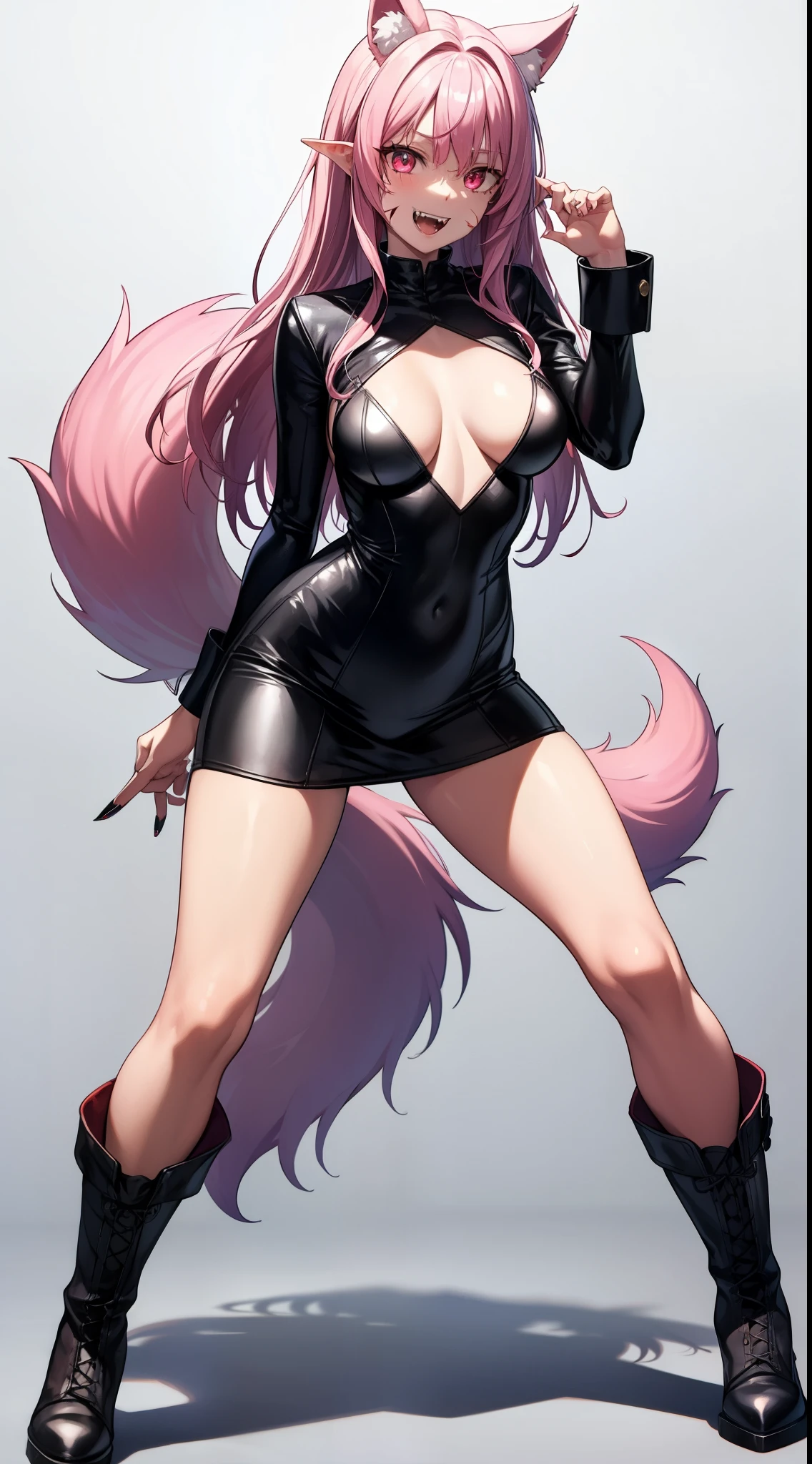 adult werewolf, big ears, fluffy tail, long legs, red , Long pink hair, eyes, scar on cheek, tight clothing, high boots and high socks, fangs, 8k, hd, masterpiece, full Dynamic pose body, full white background