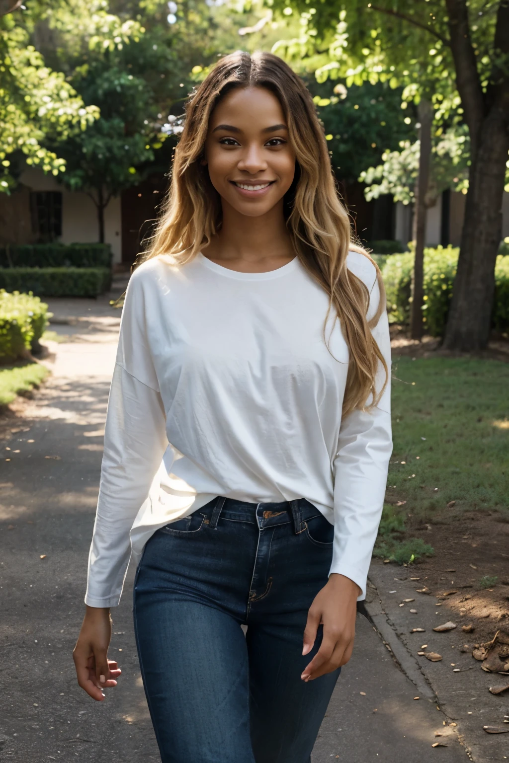 ((perfect photograph)), ((realistic)), ((8k)), (perfect face), gorgeous light skin african american with blonde hair, wearing a straight long white short sleeve t-shirt and jeans, walking towards camera, outdoors, lots of light, some plants, long wavy hair, smiling, big tree far in the background
