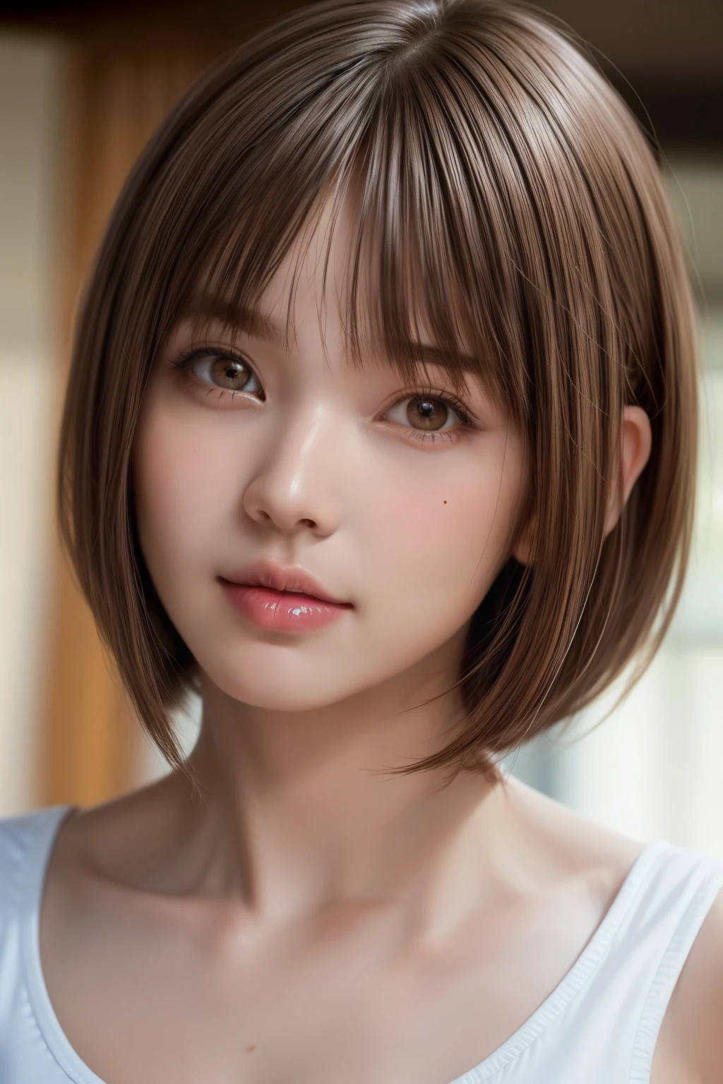 best quality, masterpiece, (realistic:1.2), 1 girl, ((face close-up)), chiaroscuro, white tank-top, brown bob cut hair with bangs, brown eyes,Front, detailed face, beautiful eyes