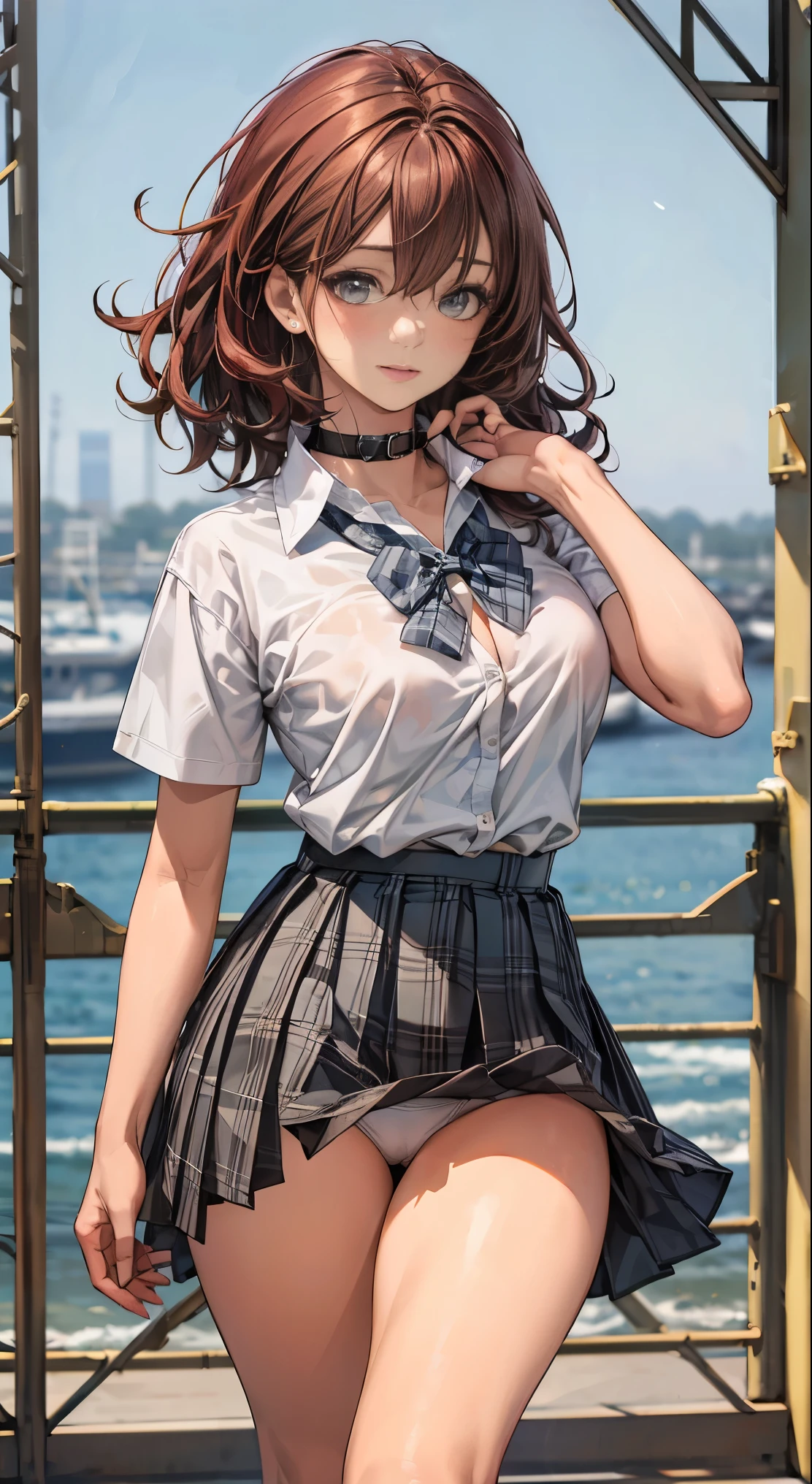 (masterpiece:1.2, highest quality), (realistic, photorealistic:1.4), beautiful illustrations,
looking at the viewer, whole body, Front view:0.6,
1 girl, Japanese, high School girl, ((medium hair:1.5)), blown hair, bangs, hair between eyes, big breasts:0.8,
beautiful hair, beautiful face, beautiful and detailed eyes, beautiful clavicle, (plump body:1.3), beautiful breasts, beautiful thighs, beautiful feet, beautiful fingers,
(beautiful scenery), , School,
((Short sleeve shirt with collar, white shirt, , Grey plaid pleated skirt, Blue plaid bow tie)), white panties,
(Are standing, , lift the skirt, Grab the hem of the skirt, put your hand on your chest, hand between legs),
blush, ,