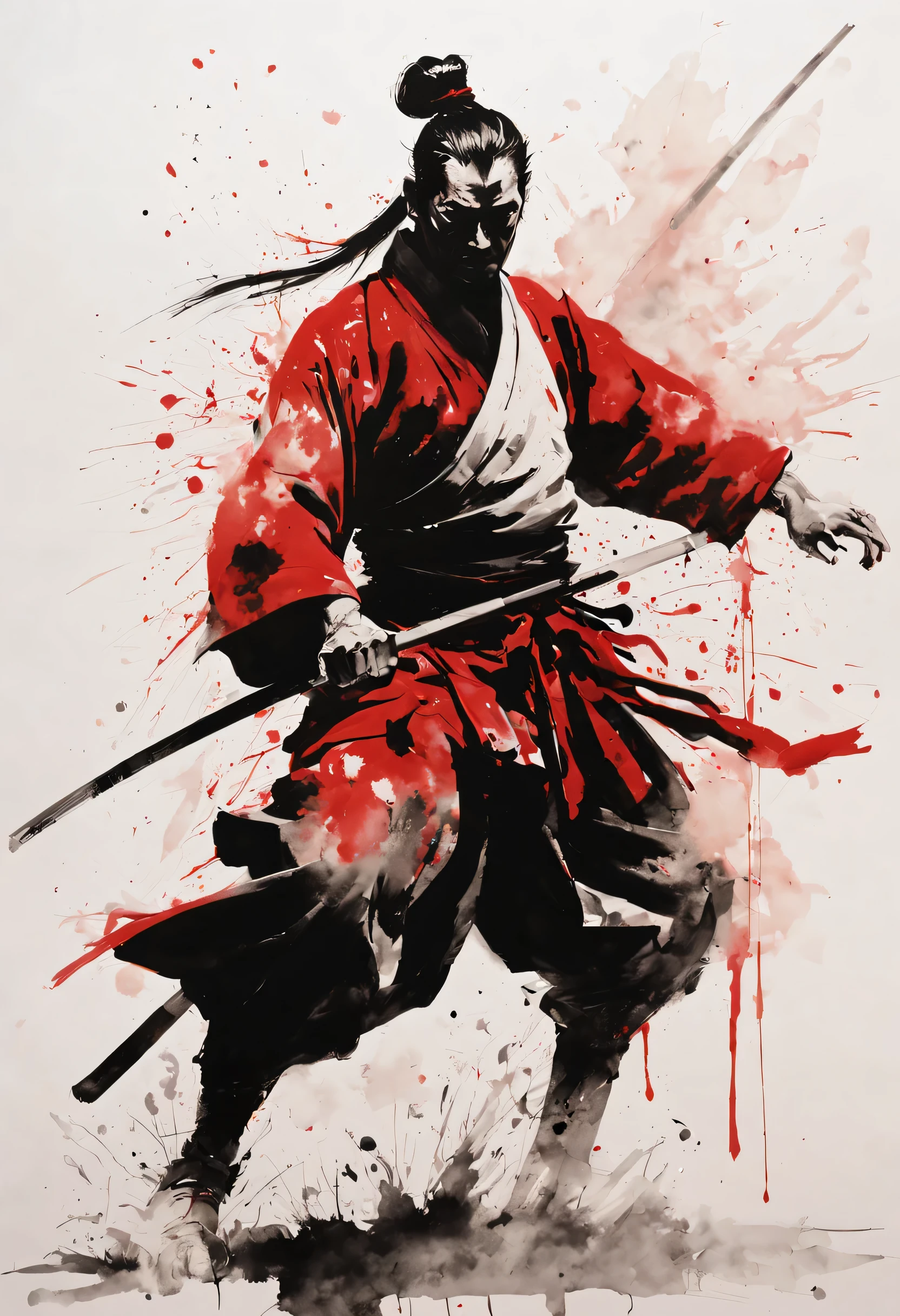 Samurai in ink on a white wall, In the style of Chinese ink painting, black and red, Gabriele Delrotte, Representation of the human body, Traditional animation, Traditional costume, Ink splatter