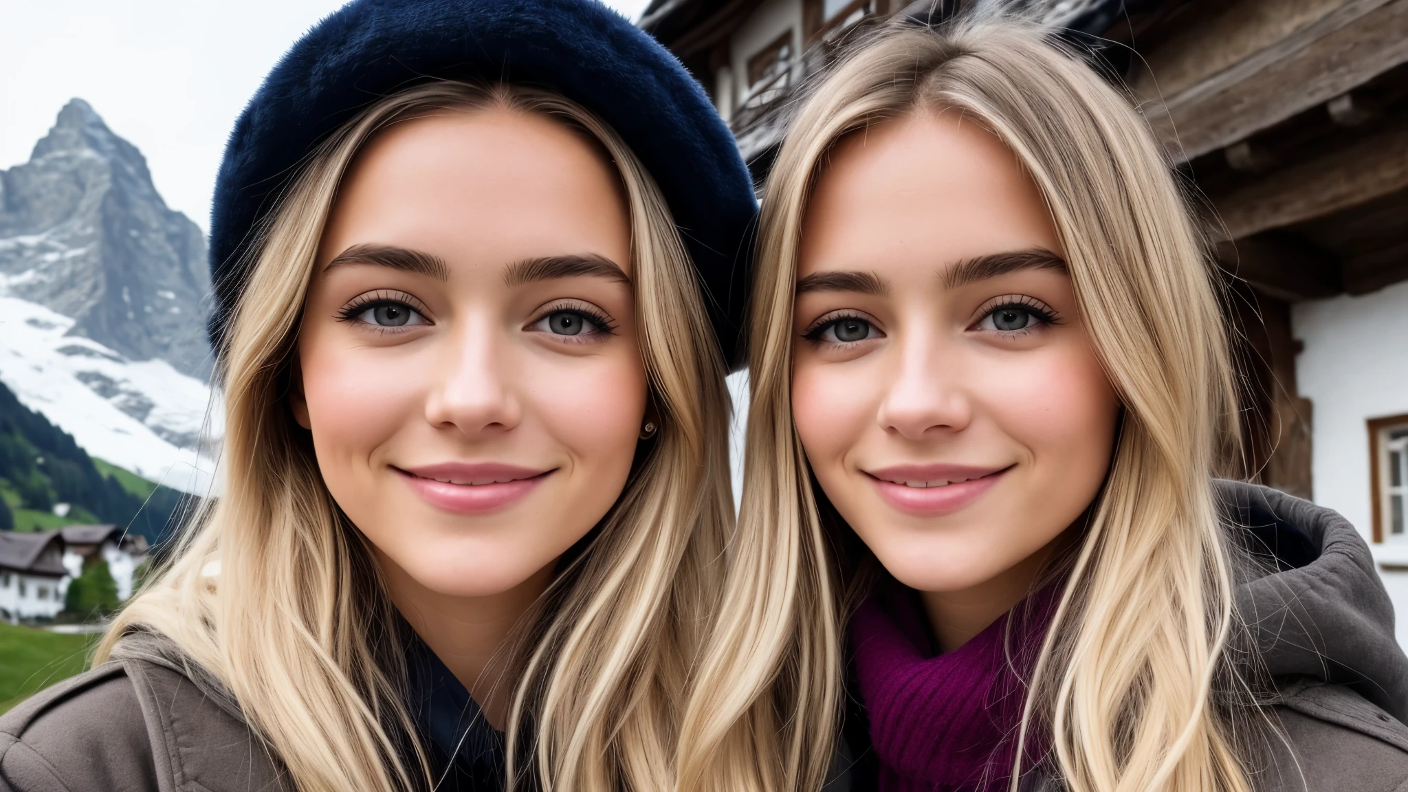 Instagram pictures, French Girl, Shoulder length hair, with light blonde hair, Close-up photo, coat, The background is the village of Grindelwald...., Switzerland, smile a little,