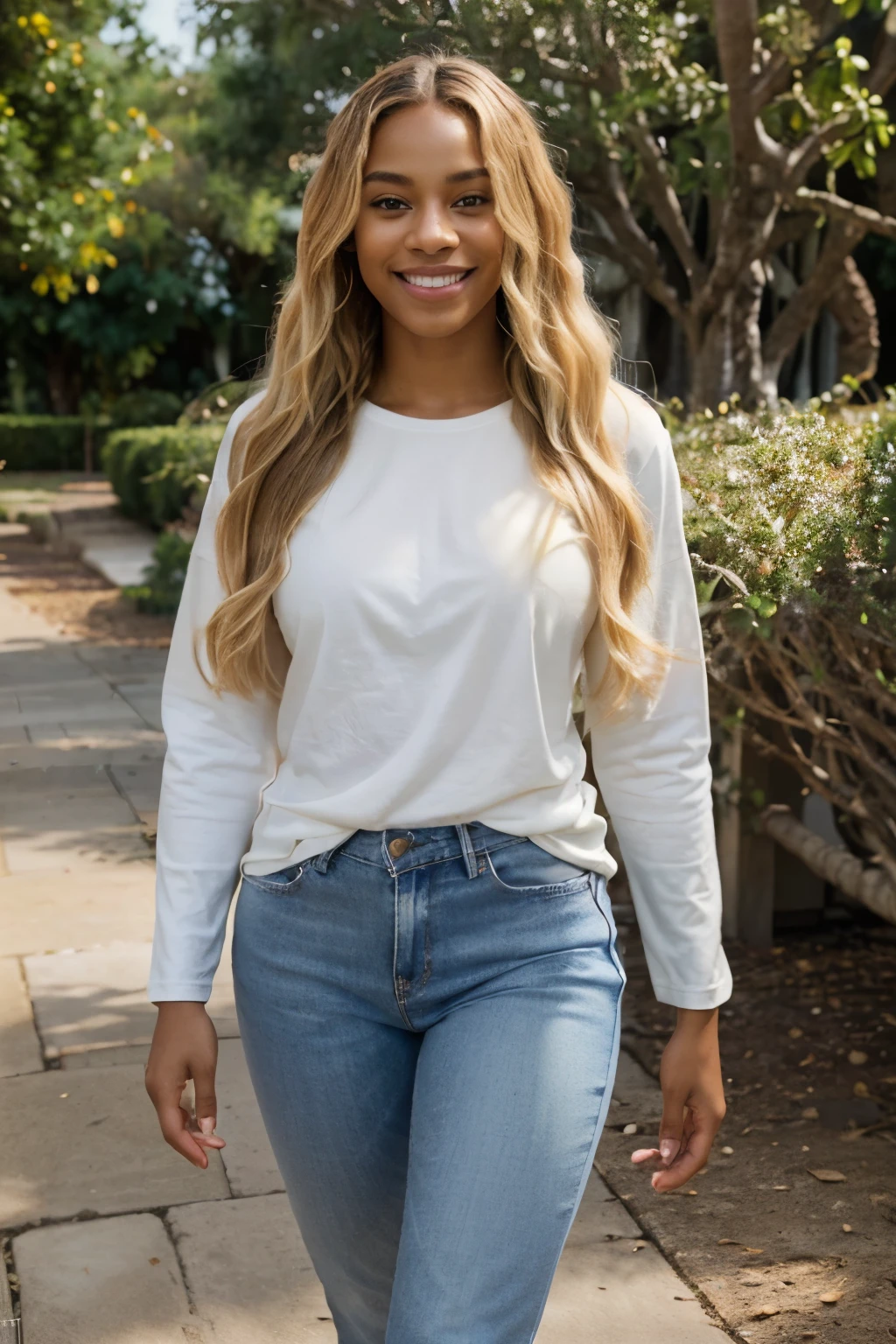 ((perfect photograph)), ((realistic)), ((8k)), (perfect face), gorgeous light skin african american with blonde hair, wearing a straight long white long sleeve t-shirt and jeans, walking towards camera, outdoors, lots of light, some plants, long wavy hair, smiling, big tree far in the background