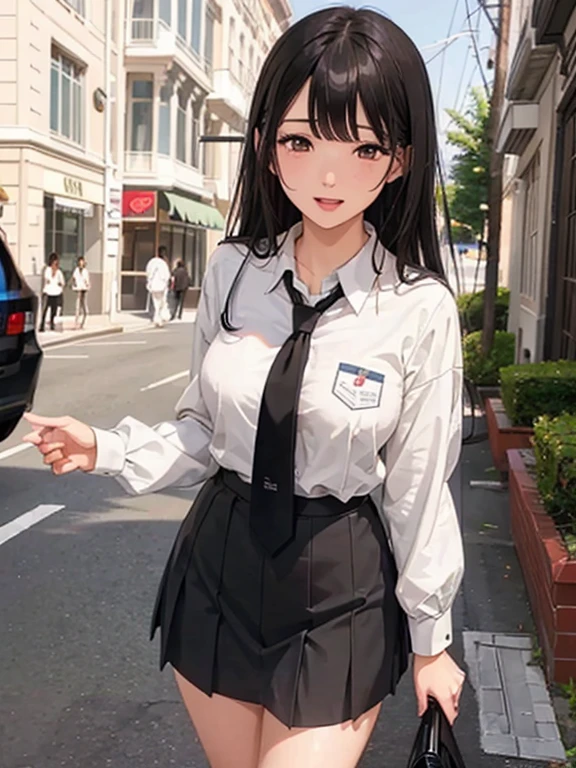 a girl in school uniform, medium breasts, flirtatious look, very well detailed, academy scenery, long black hair, photorealistic image.