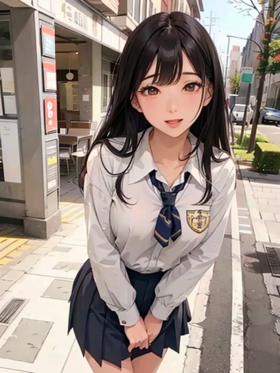 a girl in school uniform, medium breasts, flirtatious look, very well detailed, academy scenery, long black hair, photorealistic image.