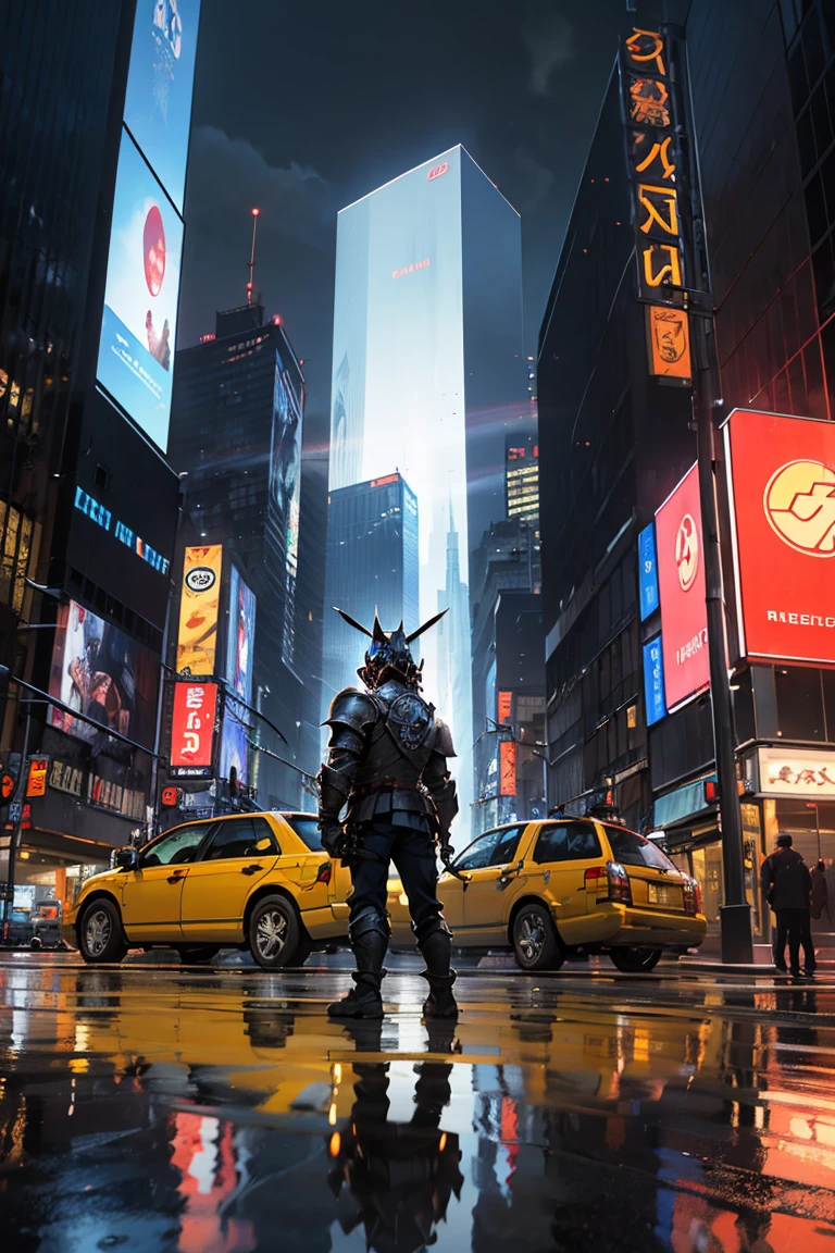 Powerful photo front view, pikachu , wearing mirror armor and mask mirror, image reflect a building around on armored, chrome, reflection, light eye, light circle LED on armor, standing action at square road, car and taxi parked, Newyork city background