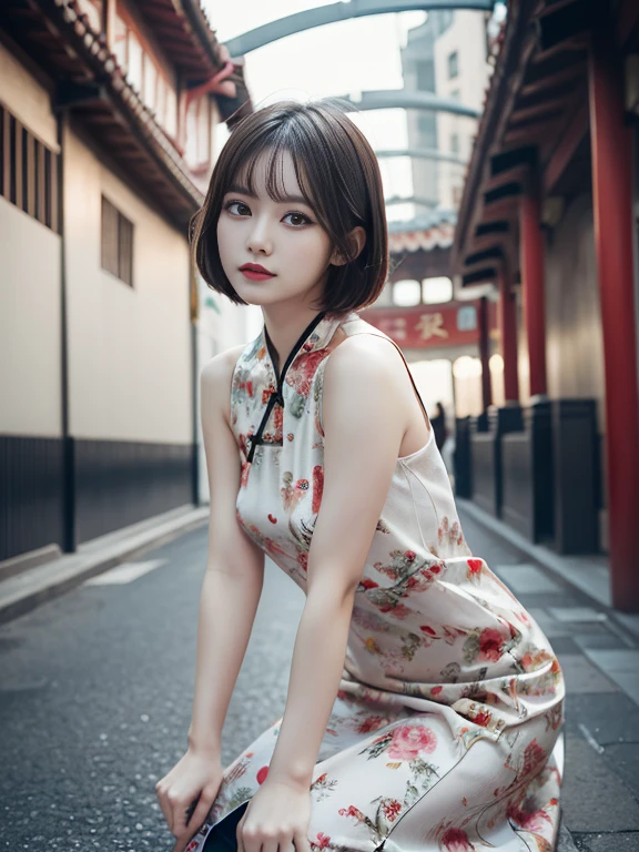 (((very detailed , 8k wallpaper, masterpiece, High resolution, highest quality))), ((Beautiful woman, Model-like posture, acrobatic pose,grunge fashion,wearing a colorful chinese dress:1.2,)),, ((very detailed顔, very detailed black eyes, extra detailed body, highest qualityのリアルテクスチャスキン)), (Short Bob Cut Hair, white skin,), (china style wall),background chinese style, surreal, digital paint,