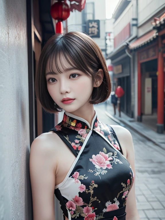 (((very detailed , 8k wallpaper, masterpiece, High resolution, highest quality))), ((Beautiful woman, Model-like posture, acrobatic pose,grunge fashion,wearing a colorful chinese dress:1.2,)),, ((very detailed顔, very detailed black eyes, extra detailed body, highest qualityのリアルテクスチャスキン)), (Short Bob Cut Hair, white skin,), (china style wall),background chinese style, surreal, digital paint,