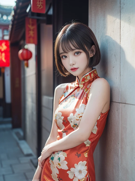 ulzzang-6500-v1.1, (Raw photo:1.2), (Photorealistic), (Genuine:1.4), (Mastepiece), Red Chinese Dress, One girl, alone, Black Hair, short hair, Upper Body, smile, Parasol, Mature Woman,