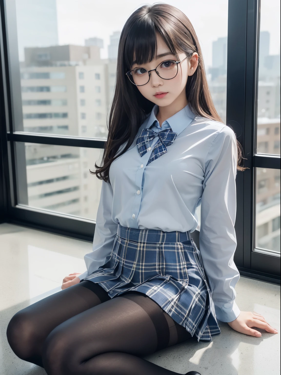 (I can see my underwear)、((細いeye))、((細いeye))、((細いeye))、(8K、生photographgraphy、highest quality、masterpiece:1.2),、small、(flat chest)、(flat chest)、(flat chest)、(flat chest)、(flat chest)、(Are thin)、Fair skin、Whitening、dark look、skinny,sex appeal,Fair skin肌,Saucy,School,looking at the viewer,looking straight ahead,high-pitched clothes,erotic,students,white skin,knees,(((black pantyhose)),((black pantyhose))),disorganized,(small face),(small face),I can see the forehead,Bangs hanging from the left and right sides of the forehead,(cold look,eyeがきつめ,glare,bullish,anger)、masterpiece,highest quality、ultra high resolution,生photograph,beautiful,beautiful,There is only one person, solo,Glasses,,dark look,small breasts same,full body,(まるGlasses),JK uniform,high school girl,japanese woman, (photorealistic:1.37)、photon mapping,Reality、beautiful woman,cute baby face,ブラウンeye、black socks、(red bow tie)、radio city、Physically based rendering、depth of field rally background、photograph,body,beautiful feet, long legs, thin legs,(I can see my bangs), Hairy pubic area, lips, blue_eye, nose soft,(light blue dress shirt), (Navy, blue and white plaid pleated skirt), kneesが見える,transparent clothing,, Peaches, black cotton socks,Nogizaka Idol, , japanese idol