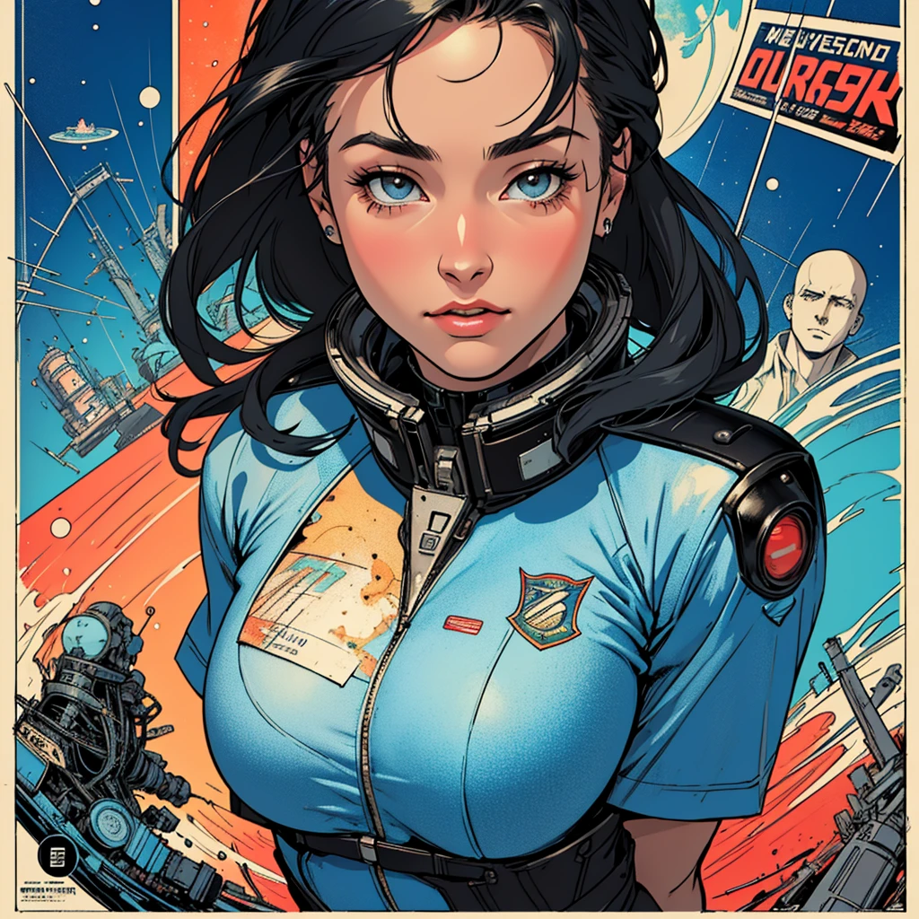 (((highest quality))),masterpiece,1 woman,((the perfect person)),((Super beautiful woman)),detailed perfect face,retro,vintage,classic,60's,70's,80's,(((old movie posters))),abstract,((スペーススリラーmovie poster)),(Futuristic),Geometric pattern,(very delicate),(movie poster_white frame),universe,Milky Way,planet,,propaganda,universe飛行士,breast enhancement,simple,(big breasts),(cleavage),cyber punk,massive stream of light,overlay,SF,A scene from a science fiction movie,universeステーション,american comics,perfect fingers,perfect physical beauty,perfect body,anime,Mechanical,mechanic,