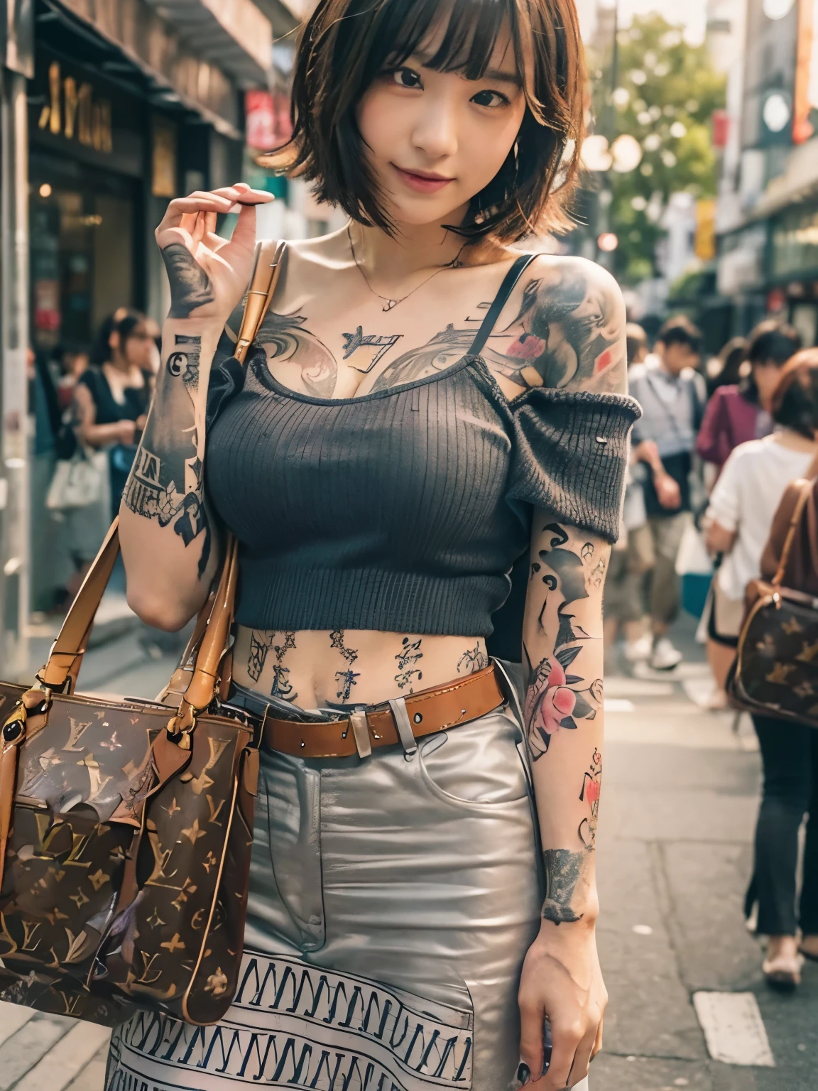 (((full body tattoo))), smile, cleavage, Photo realistic, High resolution, detailed background, detailed beautiful skin, detailed nose, soft lighting, (solo shot:1.23), (upper body:1.1), closed shot, (breast focused:1.3), looking at viewer, (((nice hand, perfect hand))), clear eyes,// japanese lady,cleavage, pale skin, mega breasts, 20 year old, // (((wearing louis vuitton))), short hair, street snap, ((facing viewer)), at the street tokyo, ((standing)),