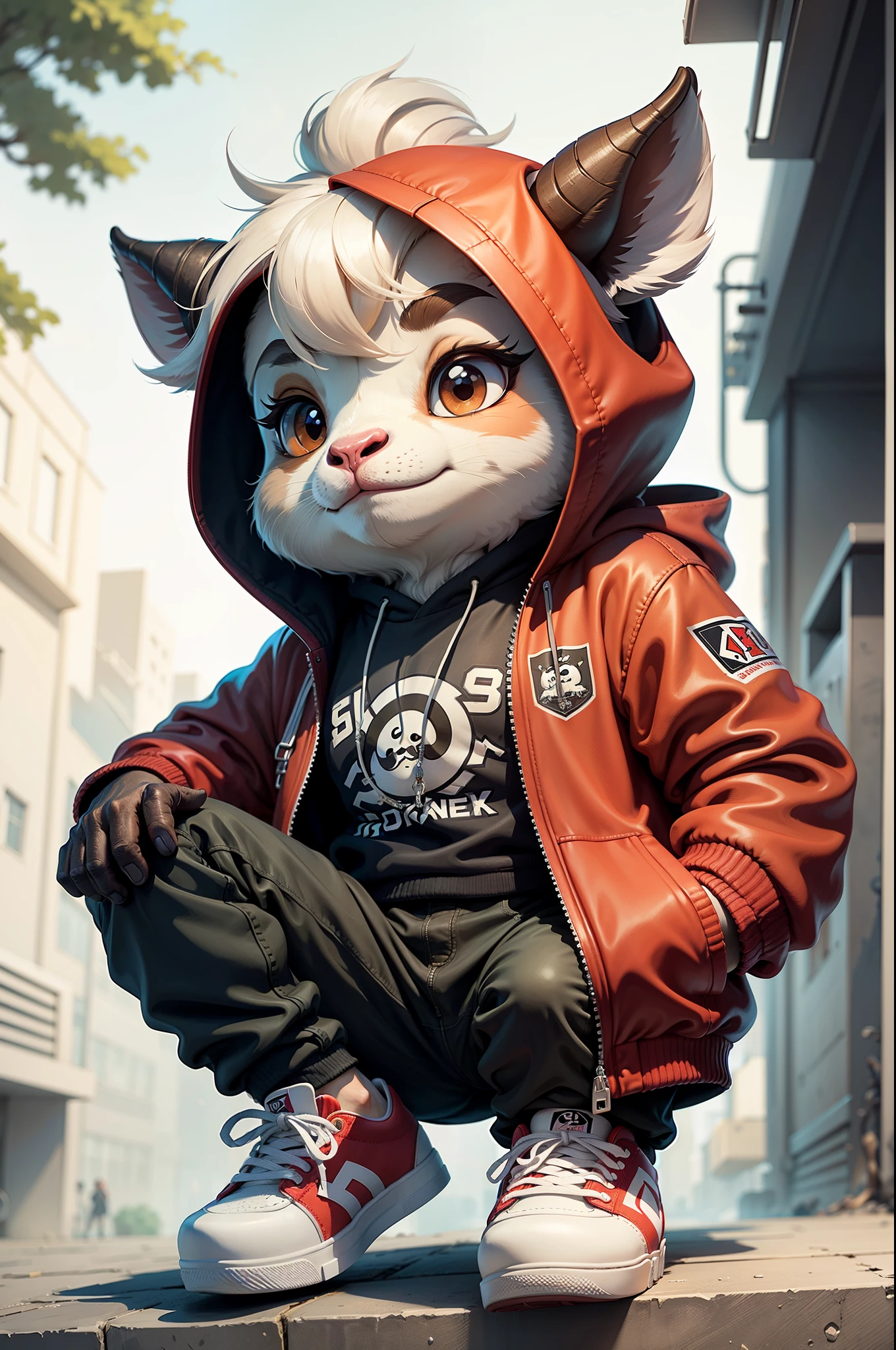 C4tt4stic, Cartoon Goat in jacket red and skateboard, Goat horns
