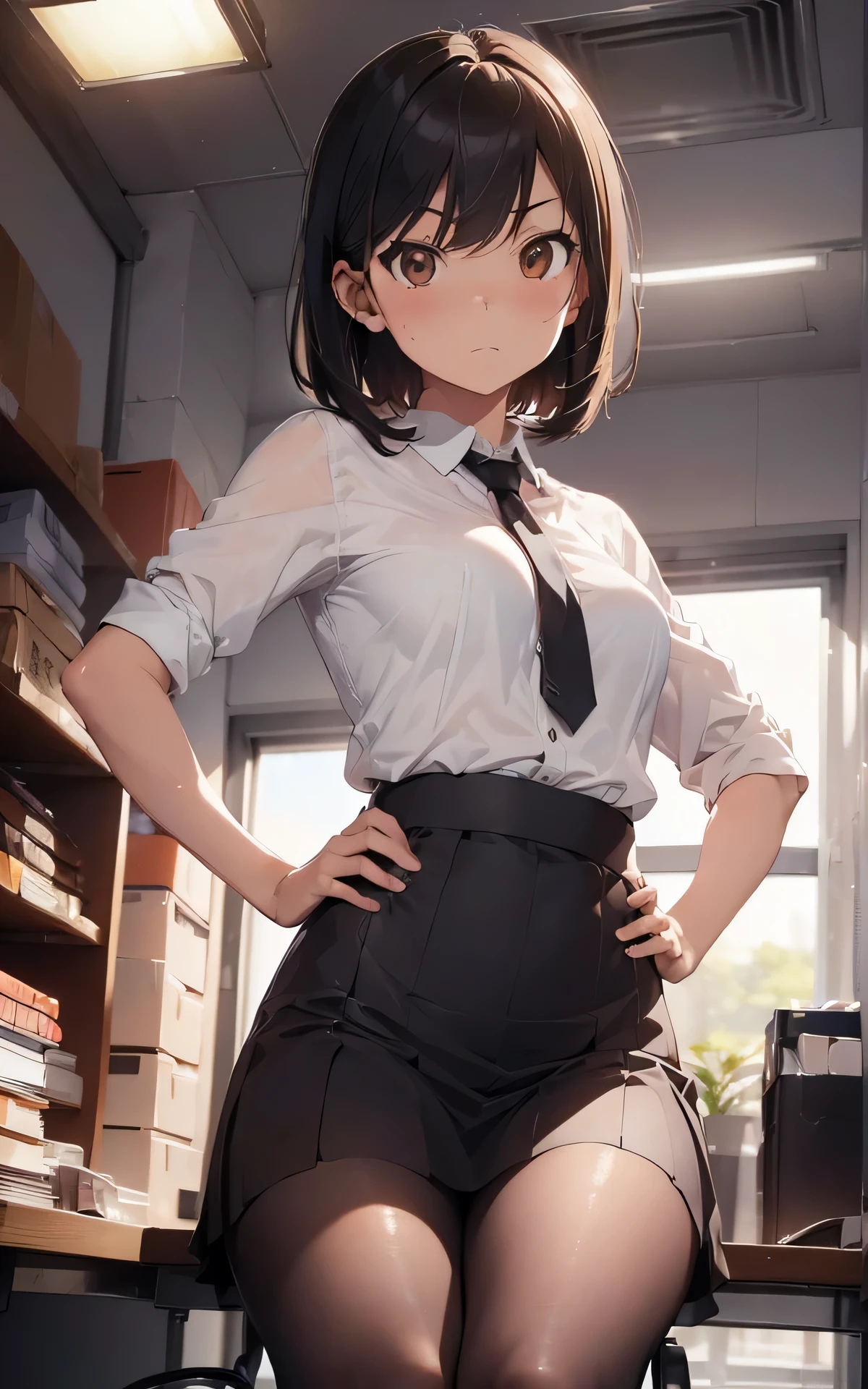 (((contrapposto、hands on hips、Sitting、furious、from below:1.3)))、detailed hair、Flat Lighting、sexy pose、best quality、intricate detailed、Hyperrealistic), absurd res, perspective, highly detailed, detailed background, illustration, 1girl, perfect hands, detailed fingers, beautiful detailed eyes, perfect eyes, seductive eyes, (medium chest), milf, mature woman, brown eyes, CEO, (office clothes:1.2), flare skirt、pantyhose, a woman in the office room、bob cut