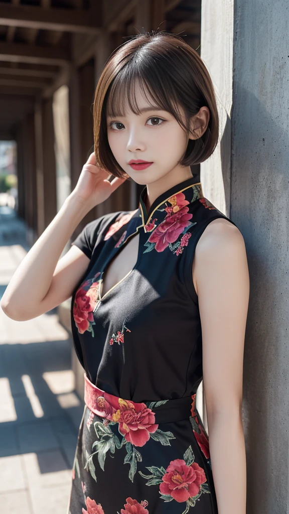(((very detailed , 8k wallpaper, masterpiece, High resolution, highest quality))), ((Beautiful woman, Model-like posture, acrobatic pose,grunge fashion,wearing a colorful chinese dress:1.2,)),, ((very detailed顔, very detailed black eyes, extra detailed body, highest qualityのリアルテクスチャスキン)), (Short Bob Cut Hair, white skin,), (china style wall),background chinese style, surreal, digital paint,