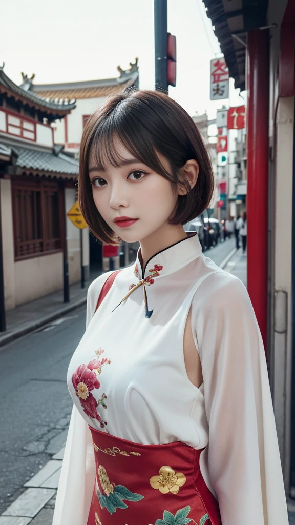 (((very detailed , 8k wallpaper, masterpiece, High resolution, highest quality))), ((Beautiful woman, Model-like posture, acrobatic pose,grunge fashion,wearing a colorful chinese dress:1.2,)),, ((very detailed顔, very detailed black eyes, extra detailed body, highest qualityのリアルテクスチャスキン)), (Short Bob Cut Hair, white skin,), (china style wall),background chinese style, surreal, digital paint,