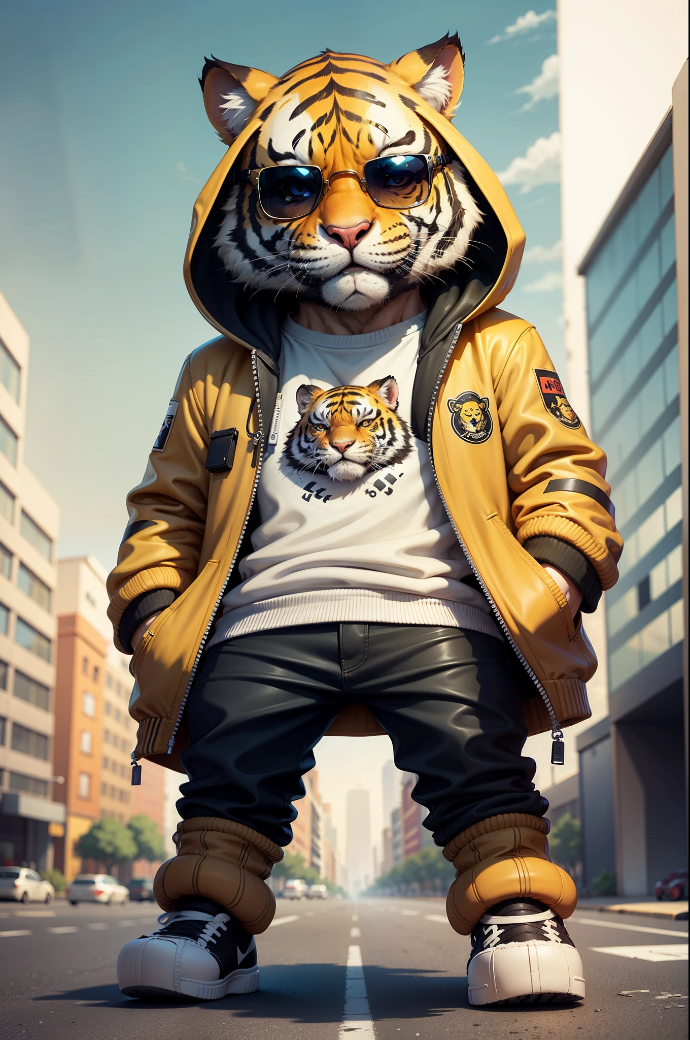 C4tt4stic, Cartoon Tiger in jacket yellow and skateboard, Sunglasses,