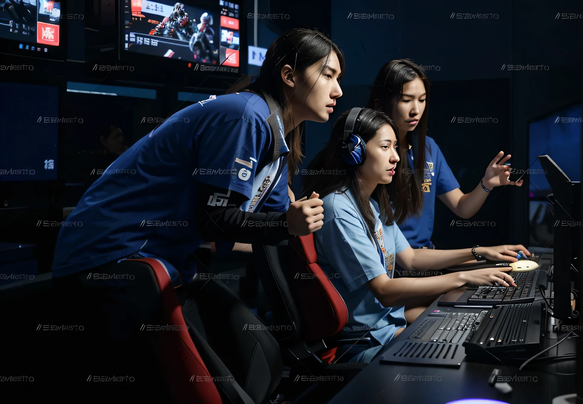 三个亚洲人在玩game时看着屏幕, playing games, e-Sport风格, e-Sport, Gaming, 玩电子game, 玩game, looking at the monitor, game, Sit in the control center，Remove the watermark